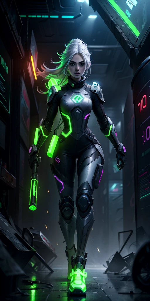 3D illustration(((Detailed))), A Russian girl in her early 20s with ash grey hair, Armed with the latest protective gear, The outline glows like a neon light, Running through a collapsing research facility in the dark, A dynamic appearance