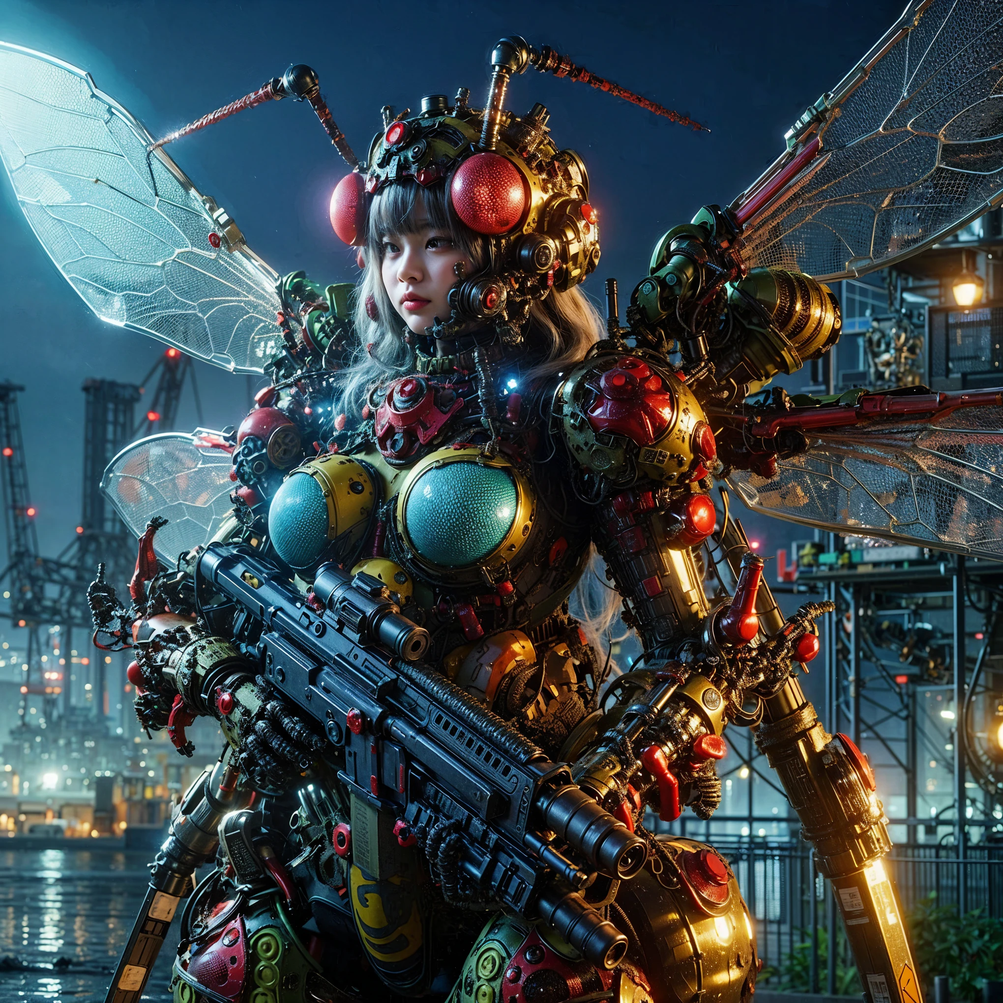 (extremely intricate all details)、(extremely realistic all Texture) 、glossy Texture、Navy blue heavy mechanical armor resembling a pillbug, designed by Hajime Katoki、1 person、Beautiful female soldier、Multi-legged、Heavyweight、Heavy Armor、Firearms、Ultra-realistic、Full Body Shot、Night view of the bayside industrial area、Spotlight lighting to illuminate characters、Please generate at least 4 copies.