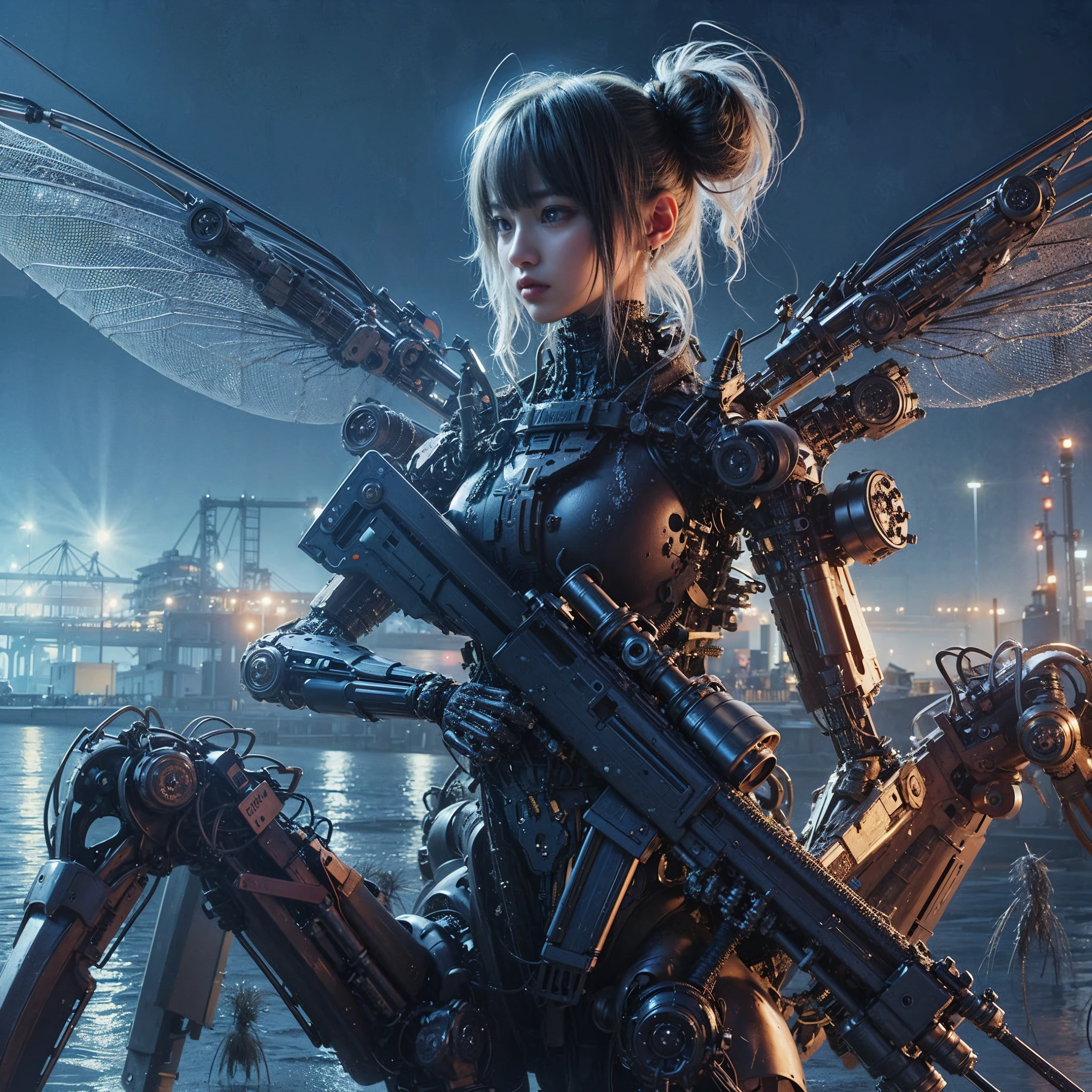 (extremely intricate all details)、(extremely realistic all Texture) 、glossy Texture、Navy blue heavy mechanical armor resembling a pillbug, designed by Hajime Katoki、1 person、Beautiful female soldier、Multi-legged、Heavyweight、Heavy Armor、Firearms、Ultra-realistic、Full Body Shot、Night view of the bayside industrial area、Spotlight lighting to illuminate characters、Please generate at least 4 copies.