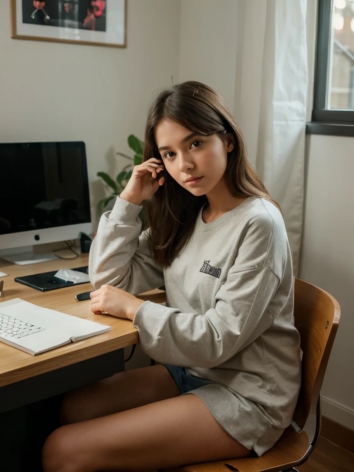 A girl in casual clothes sitting at a desk at home in her room studying (not looking at camera 1.9)