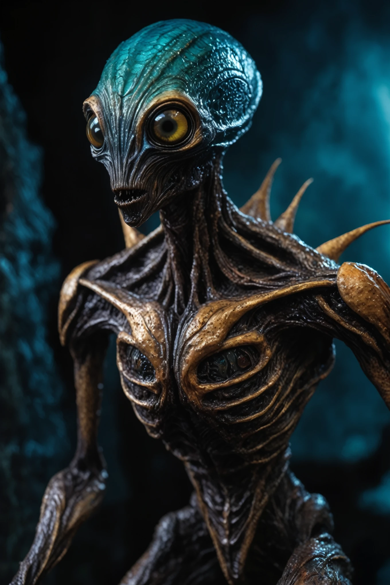 full-body-shot,niobium Manganite (The Alien Entity:Caribbean:0.5), wants eat,survival in Tirnanoc,Cinematic,soft colors, Technicolor,natural skin textures, hyper realism, hyper detailed,Extremely detailed,High contrast,Masterpiece,Realistic,Ultra Detailed, intricate details,realistic humid leather,extremely intricate,Epic Realistic, cinematic style,irina yermolova,high contrast,HDR,extremely detailed, [deep night landscape],masterpiece,intricate details,faded,eyes extremely detailed, high detailed eyes,8k resolution,RAW,retina, Nikon Z9,Puck 