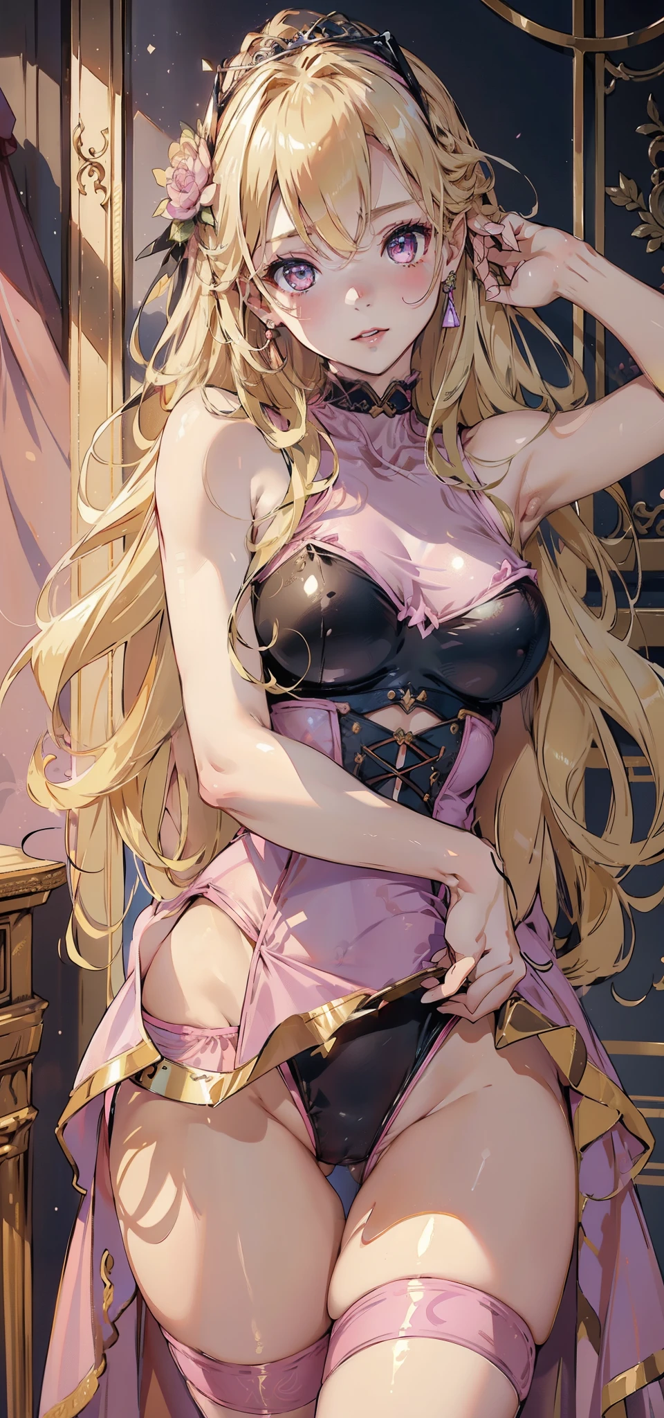highest quality、Very delicate and beautiful、Very delicate and beautiful、(Beautiful eyes)、Pink Eyes、I、I、perfect body 、23 years old 、Japanese、camel toe、Chiquita、(armor)、(Black Hair)、((Pink leotard))、(High leg)、Tiara on head、Laughter、standing、Look forward、((The background is the club room.)) pink corset, gater belt, (((blond hair)))
