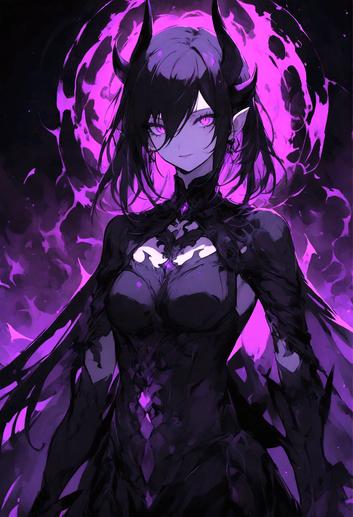 female demon with long midnight black hair with purple eyes