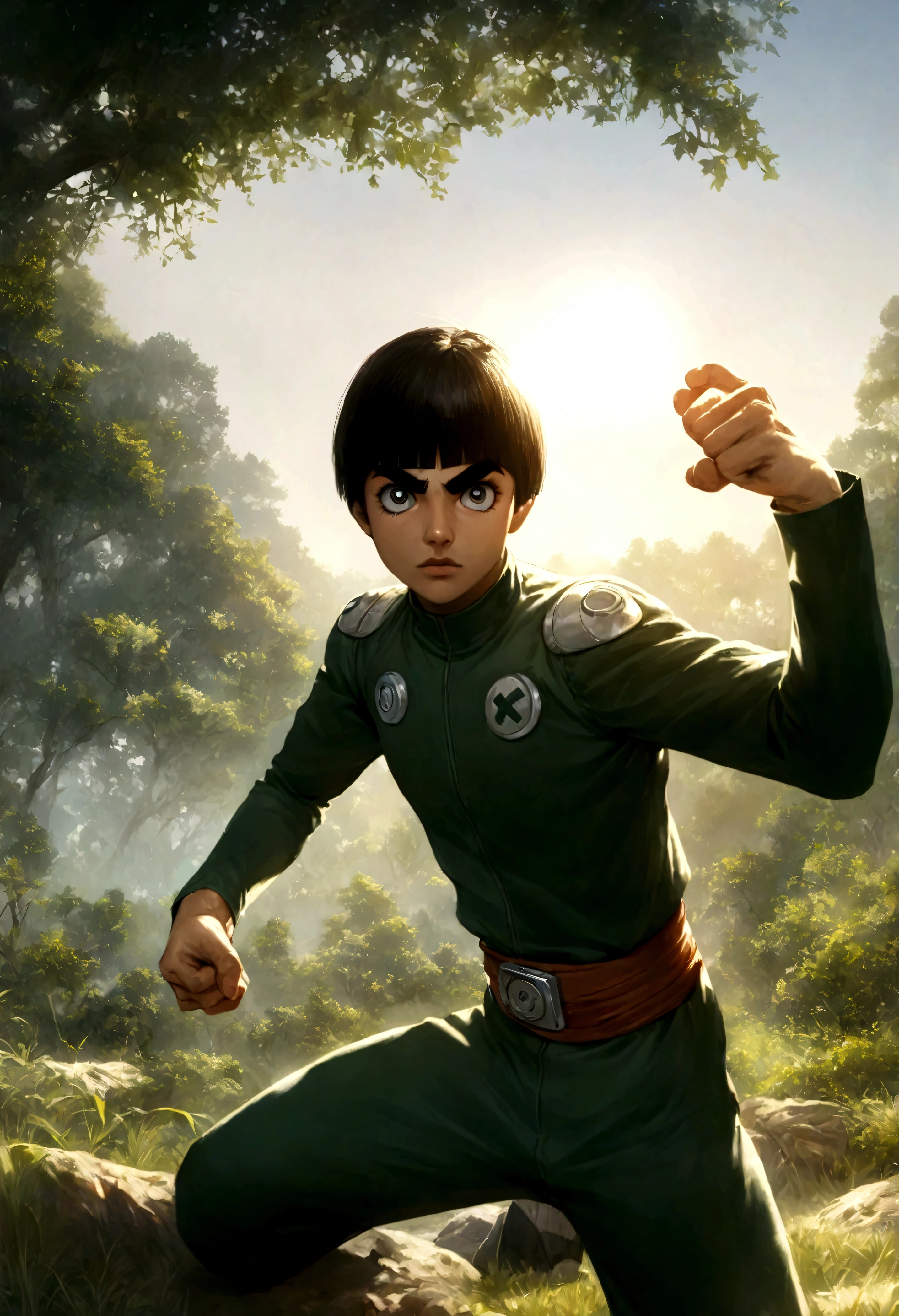 Hyper realistic art Rock Lee, power up white eyes, 1boy skinny, fighter pose, outside in the sun and nature . Extremely high-resolution details, photographic, realism pushed to extreme, fine texture, incredibly lifelike