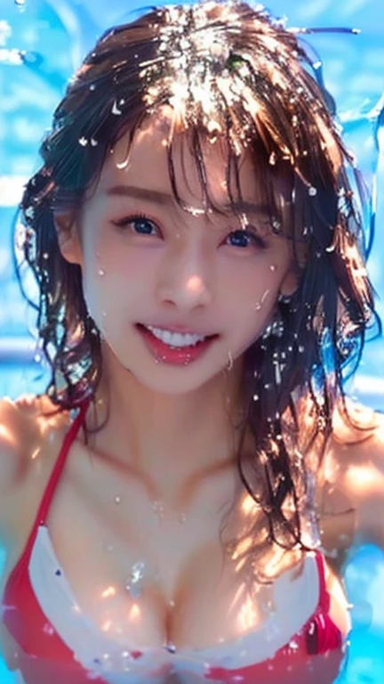 a close up of a woman in a bikini in a pool, Wet swimsuit, soaked, covered in water drops, Sweaty face, Wet Hair, Real young gravure idol, Crazy seductive smile, Japanese Model, Beautiful Asian Girl, Beautiful Japanese girl face, Perfect expression, Sweating heavily, Her face became red and she sweated., Young Sensual Gravure Idol, Dripping Water(drooling from mouth)