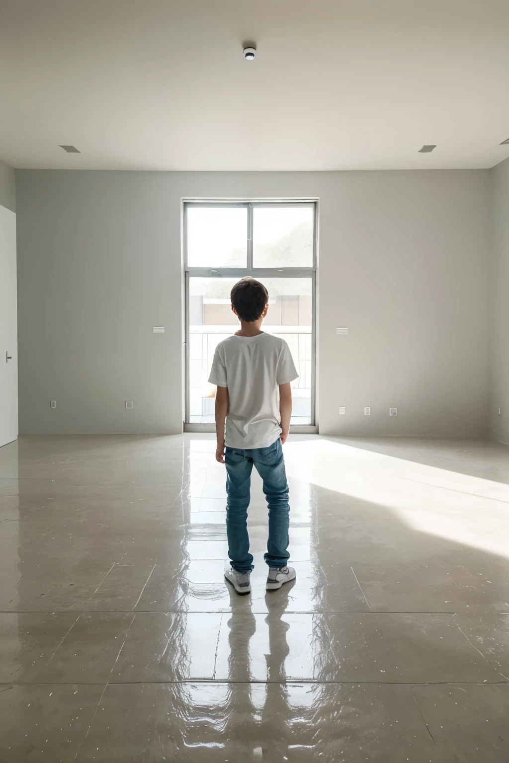 A slender boy stands in the middle of a large room, seen from the back. He wears simple clothing—a plain t-shirt and jeans. The room is expansive, with all four walls painted a stark white, creating a sense of openness and minimalism. The boy's small figure is contrasted against the vast, empty space around him. He stands still, looking towards the far end of the room, capturing a sense of curiosity and contemplation. The overall atmosphere is serene and quiet, with the simplicity of the setting highlighting the boy's presence.