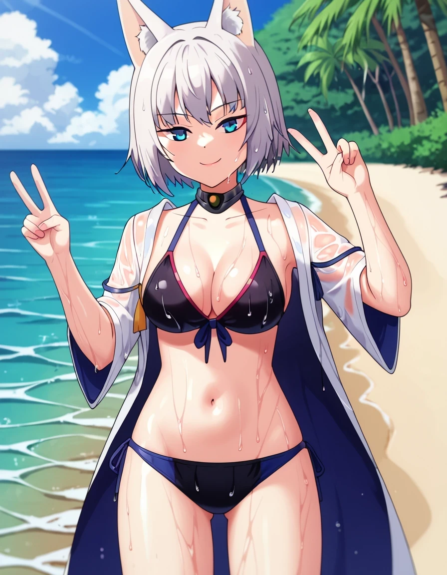 best quality, (masterpiece:1.2), highly detailed, cat ears, 1girl, solo, tojou koneko, closed mouth, slight smile,  yellow eyes, white hair, short hair, hair ornament, beach, 20-year-old, healthy skin, blushed,kneeling ,nsfw,ringed eyes, midriff 