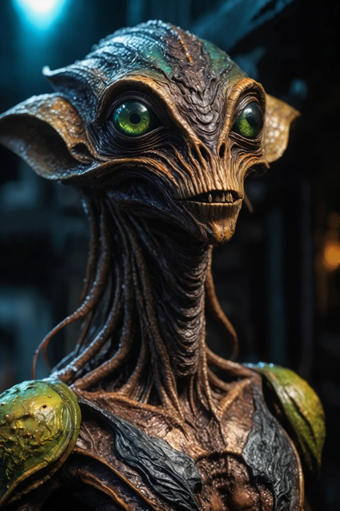 full-body-shot,niobium Manganite (The Alien Entity:Caribbean:0.5), wants eat,survival in Tirnanoc,Cinematic,soft colors, Technicolor,natural skin textures, hyper realism, hyper detailed,Extremely detailed,High contrast,Masterpiece,Realistic,Ultra Detailed, intricate details,realistic humid leather,extremely intricate,Epic Realistic, cinematic style,irina yermolova,high contrast,HDR,extremely detailed, [deep night landscape],masterpiece,intricate details,faded,eyes extremely detailed, high detailed eyes,8k resolution,RAW,retina, Nikon Z9,Puck 