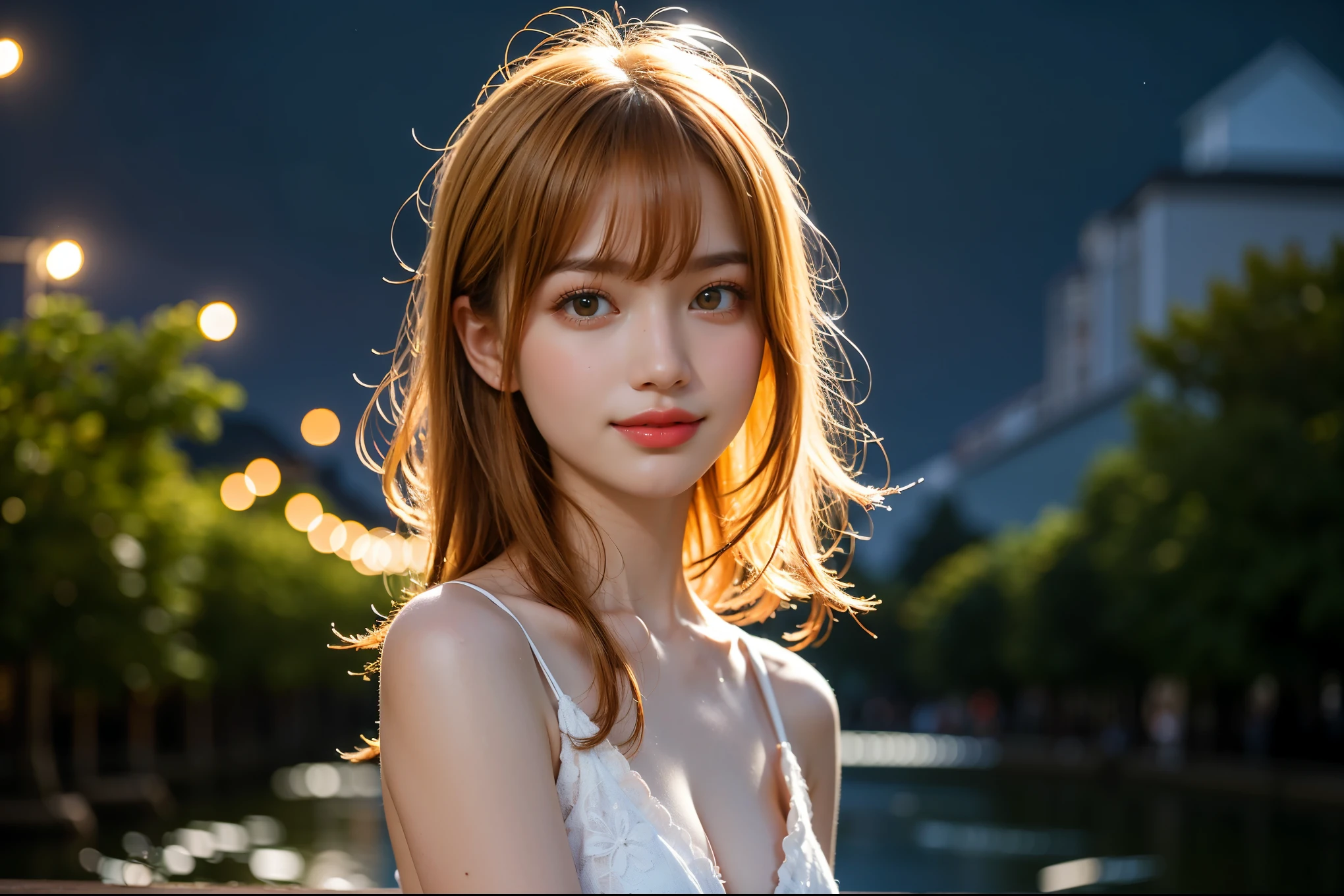 A beautiful girl, orange eyes, medium blonde hair in a bun, delicate body, against the backdrop of the night sky, summer night, her portrait, tranquility, photographed by a professional photographer using long exposure photography, light colors, dark tones, clouds, full body, smiling face, fireflies flying around.