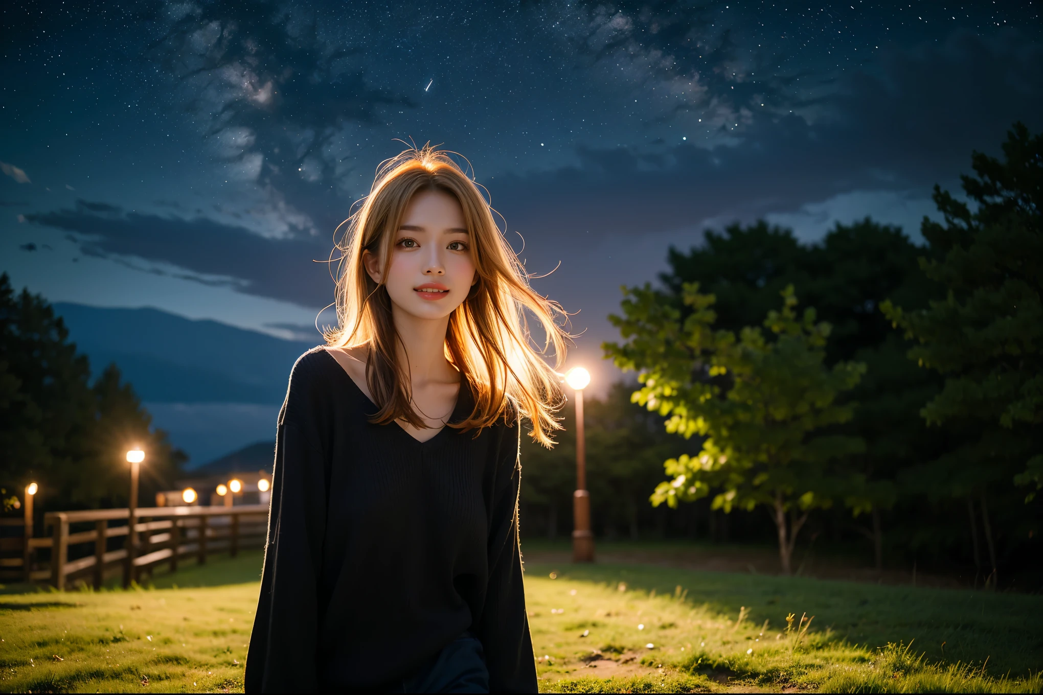 A beautiful girl, orange eyes, medium blonde hair in a bun, delicate body, against the backdrop of the night sky, summer night, her portrait, tranquility, photographed by a professional photographer using long exposure photography, light colors, dark tones, clouds, full body, smiling face, fireflies flying around.