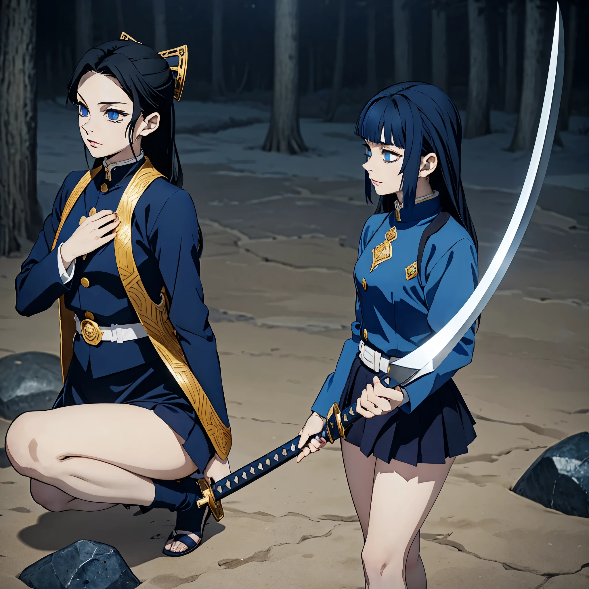 My character is from the world of demon Slayer, a woman with long dark blue hair, golden eyes, wearing a blue haori with designs similar to diamonds, her uniform is navy blue with a long-sleeved blouse and a tail-like skirt, wearing a diamond hair clip, She has a small scar on the left side of her face, her hair is a bit spiky, her Katana is blue like a diamond, and her sword can elongate and split into extremely sharp stones.