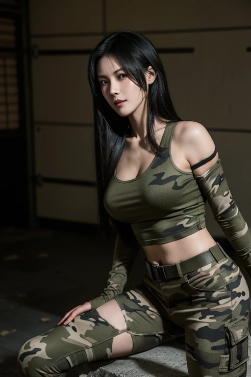 Ada Wong in Resident Evil remake woman, length hair, black hair, straight hair, blunt bangs hair, sexy woman, military, smiling, single woman, large breasts, tight camouflage strapless tube top, tight camouflage short legging pants, sexy pose hot, military dormitory bathroom place