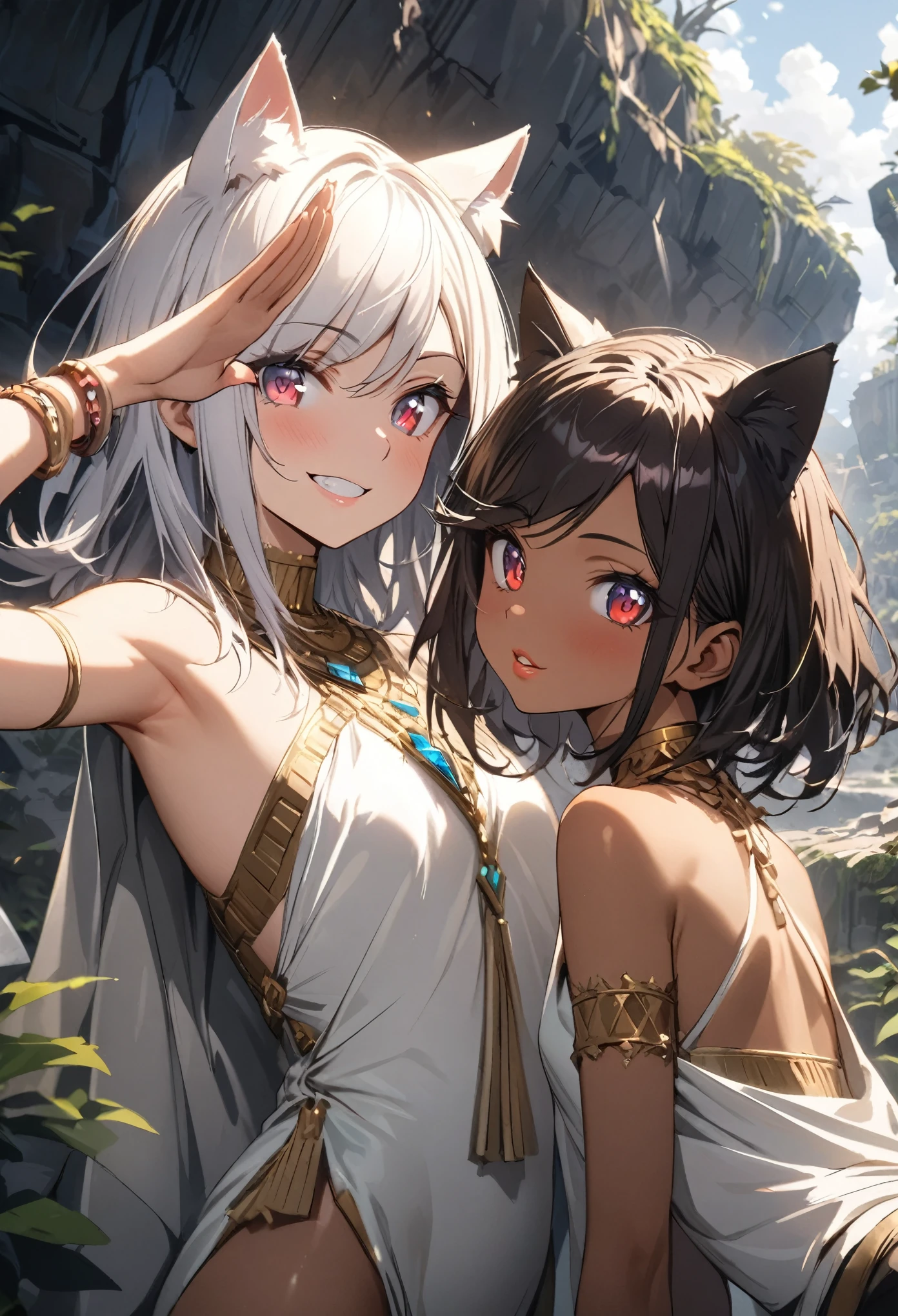 ((Masterpiece)), (Anime:1.3), ((best quality)), (super detail:1.2), (High Definition:1.3), (Professional Photography:1.2), (sharp focus), (perfect light), ((12 years old)), (2girls:1.3), (Back-to-back girls:1.3), Textured skin, cinematic lighting, Very pretty Egyptian girl, (grin), Egyptian clothe, (Healthy slim body), dark red eyes, (Beautiful diamond eyes:1.5), (put on cat ears), ((glossy lips)), Slender body, dark skin, (Healthy skin), (Fine gemstone bracelets), medium hair, unruly hair, (swept bangs:1.3), BREAK, ((best quality)), (super detail:1.2), (Cute Saluting), (ancient ruined overgrown), Landscape below the deep cliff, 
