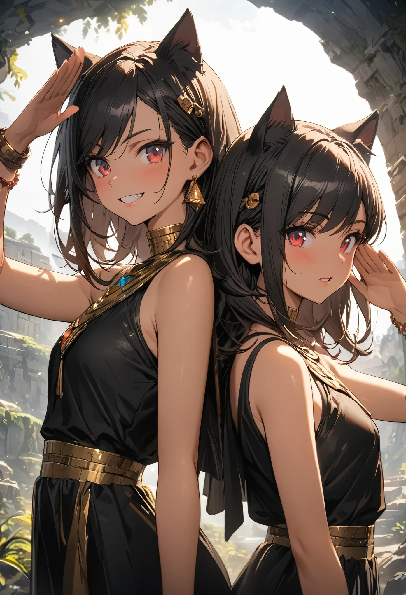 ((Masterpiece)), (Anime:1.3), ((best quality)), (super detail:1.2), (High Definition:1.3), (Professional Photography:1.2), (sharp focus), (perfect light), ((12 years old)), (2girls:1.3), (Back-to-back girls:1.3), Textured skin, cinematic lighting, Very pretty Egyptian girl, (grin), Egyptian clothe, (Healthy slim body), dark red eyes, (Beautiful diamond eyes:1.5), (put on cat ears), ((glossy lips)), Slender body, dark skin, (Healthy skin), (Fine gemstone bracelets), medium hair, unruly hair, (swept bangs:1.3), BREAK, ((best quality)), (super detail:1.2), (Cute Saluting), (ancient ruined overgrown), Landscape below the deep cliff,