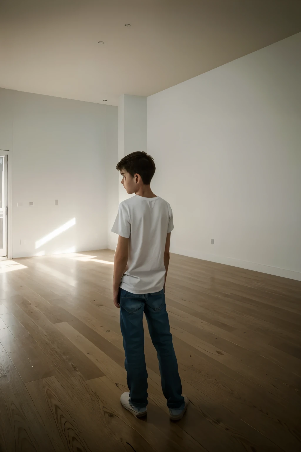 A slender boy stands in the middle of a large room, seen from the back. He wears simple clothing—a plain t-shirt and jeans. The room is expansive, with all four walls painted a stark white, creating a sense of openness and minimalism. The boy's small figure is contrasted against the vast, empty space around him. He stands still, looking towards the far end of the room, capturing a sense of curiosity and contemplation. The overall atmosphere is serene and quiet, with the simplicity of the setting highlighting the boy's presence.