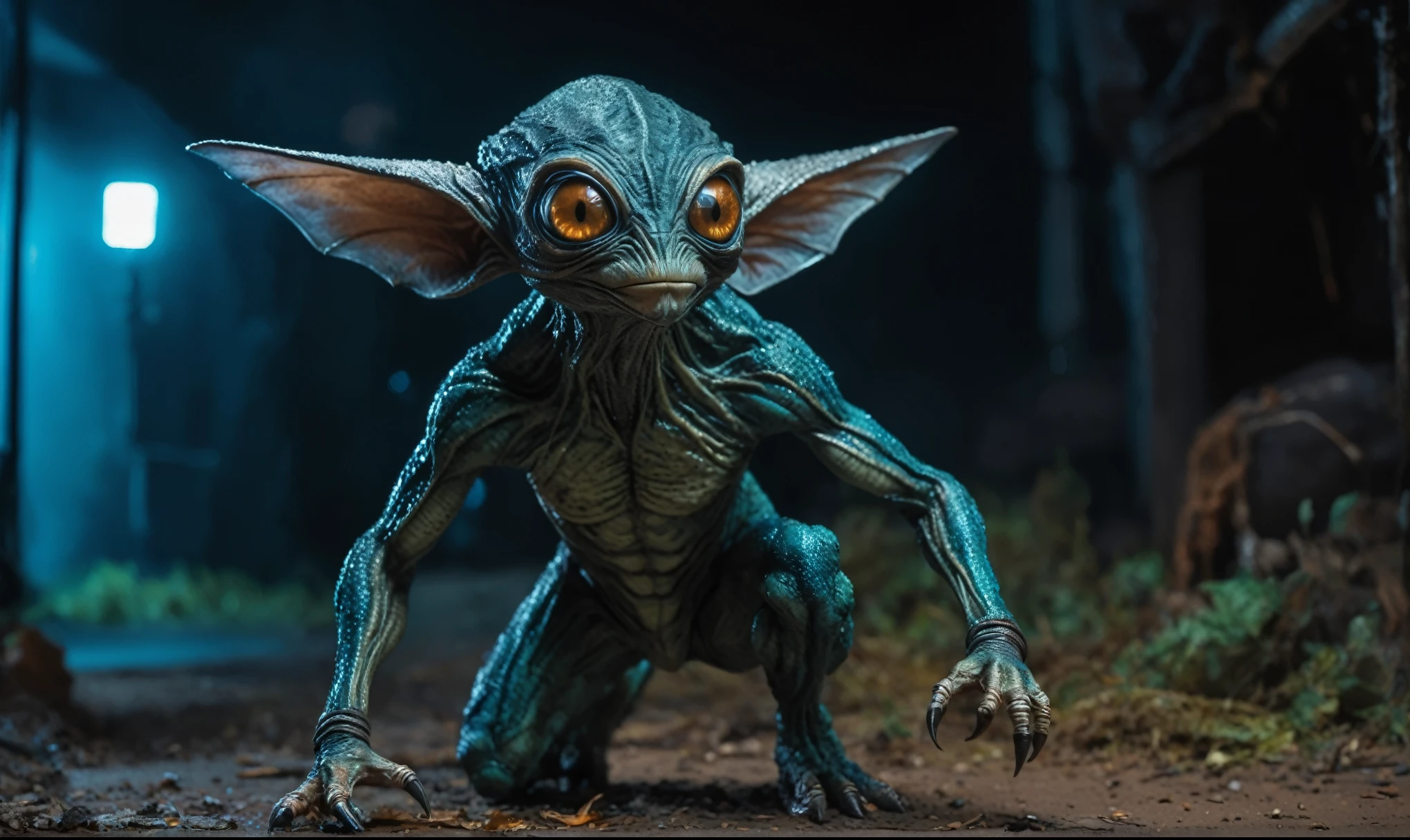 full body length shot,niobium Manganite (The Alien Entity:Puck :0.5), wants eat,survival in criminal city of future,Cinematic,soft colors, Technicolor,natural skin textures, hyper realism, hyper detailed,Extremely detailed,High contrast,Masterpiece,Realistic,Ultra Detailed, intricate details,realistic humid leather,extremely intricate,Epic Realistic, cinematic style,irina yermolova,high contrast,HDR,extremely detailed, [deep night landscape],masterpiece,intricate details,faded,eyes extremely detailed, high detailed eyes,8k resolution,RAW,retina, Nikon Z9,winter,Caribbean