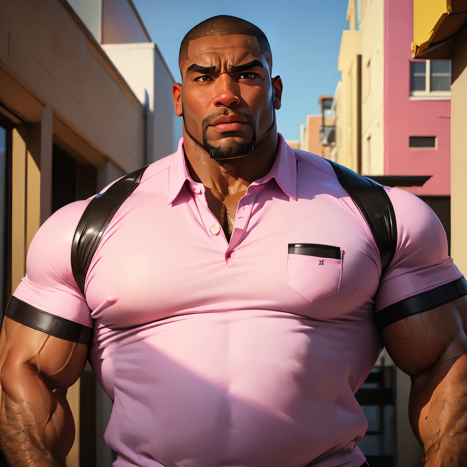 an exaggeratedly muscular and large bodyguard, beefy build, beard, dark-skinned african american male, buzzcut hair with square line, (worried expression: 1.2), (wearing pink collared casual shirt: 1.2), wearing black underwear, (bara pecs: 1.3), beefy pecs, (arm and chest hair: 1.2), portrait HD, (outdoor gym)