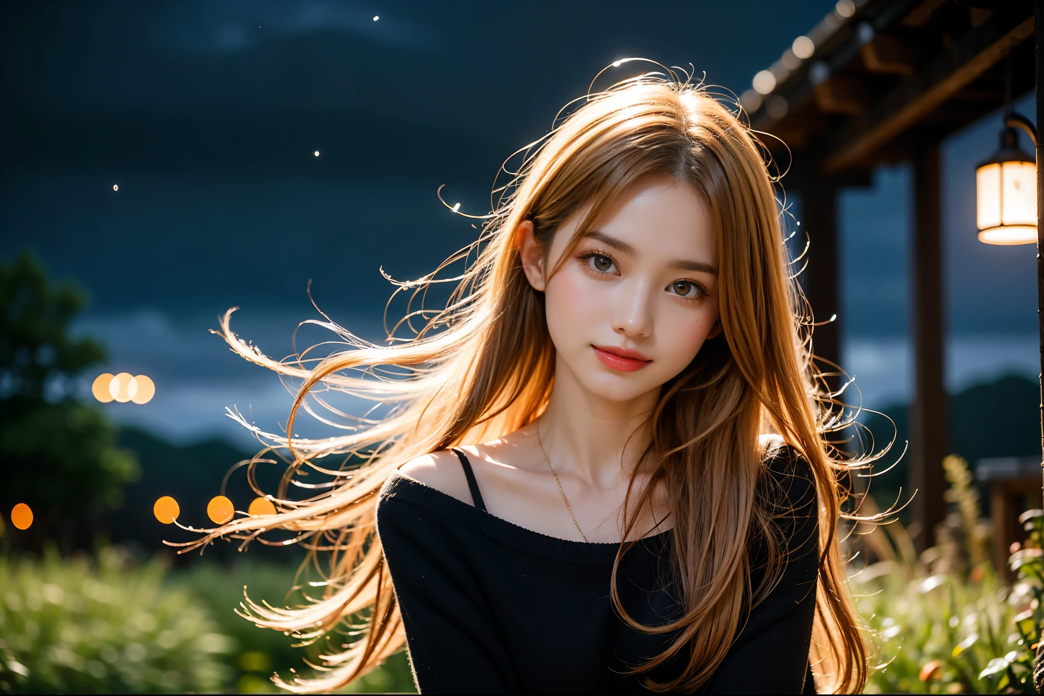 A beautiful girl, orange eyes, medium blonde hair in a bun, delicate body, against the backdrop of the night sky, summer night, her portrait, tranquility, photographed by a professional photographer using long exposure photography, light colors, dark tones, clouds, full body, smiling face, fireflies flying around.