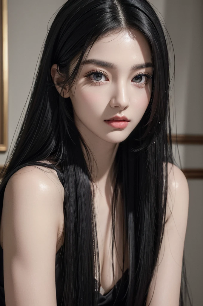 (best quality:1.4),(masterpiece:1.4),(photorealistic:1.4),(ultra high res, raw photo:1.4),(hdr, hyperdetailed:1.2),close up, 1woman,(black long straight hair:1.4), ((close up)), (feline eyes), (fierce beauty), elegant, (big eyes), (moles)