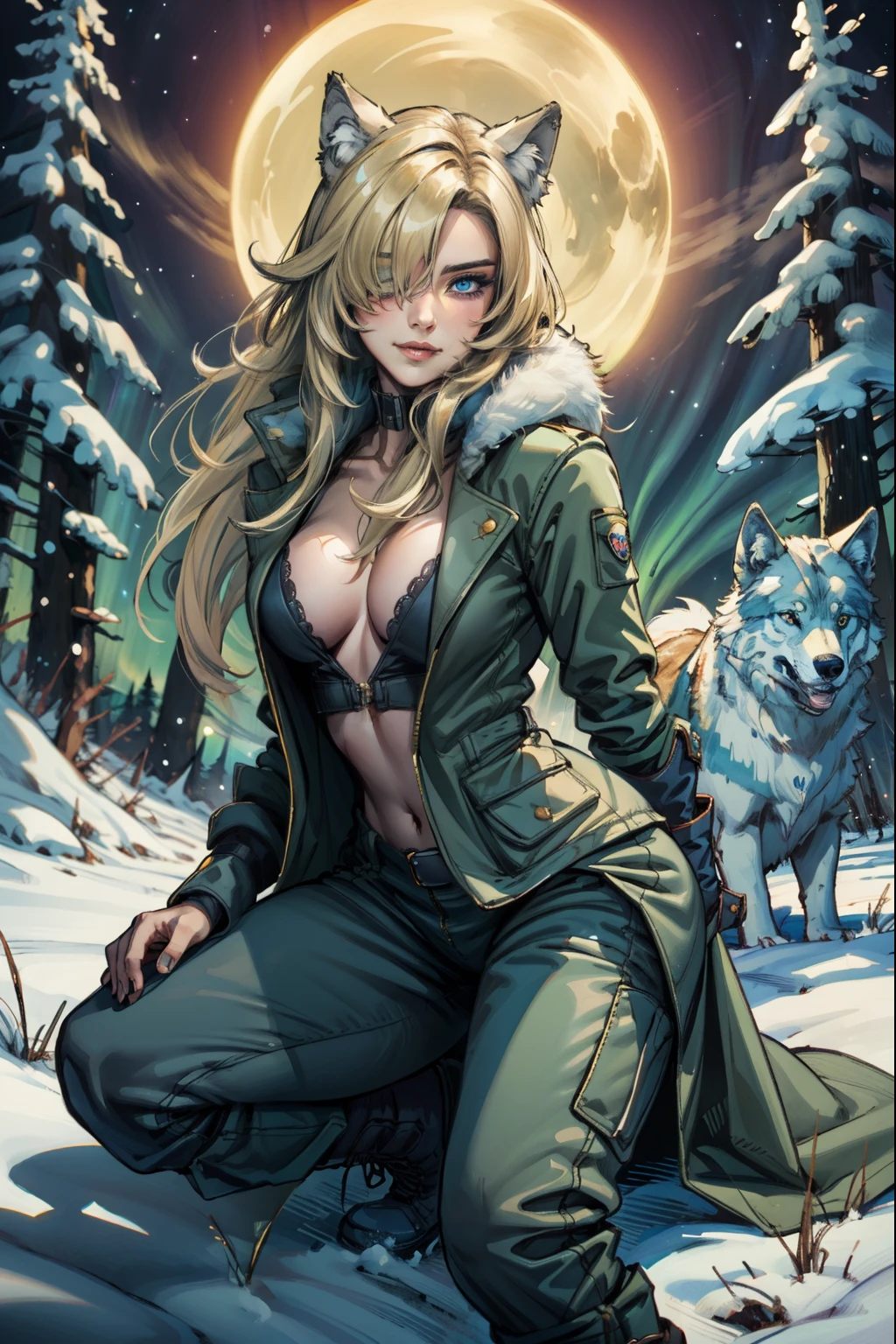 (masterpiece, best quality:1.2), solo, 1girl, hair over one eye, blue eyes, cleavage, Gentle smile, Winter coat (white), Boots, pants, Winter forest, aurora borealis, Night, Wolf,