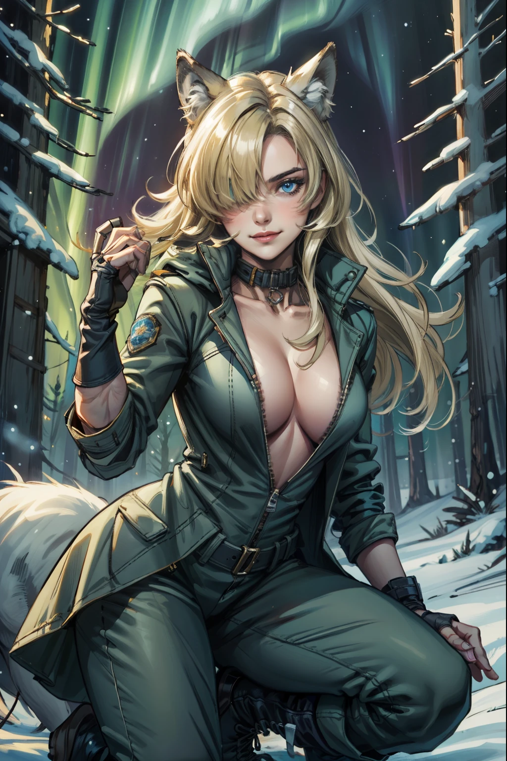 (masterpiece, best quality:1.2), solo, 1girl, hair over one eye, blue eyes, cleavage, Gentle smile, Winter coat (white), Boots, pants, Winter forest, aurora borealis, Night, Wolf,