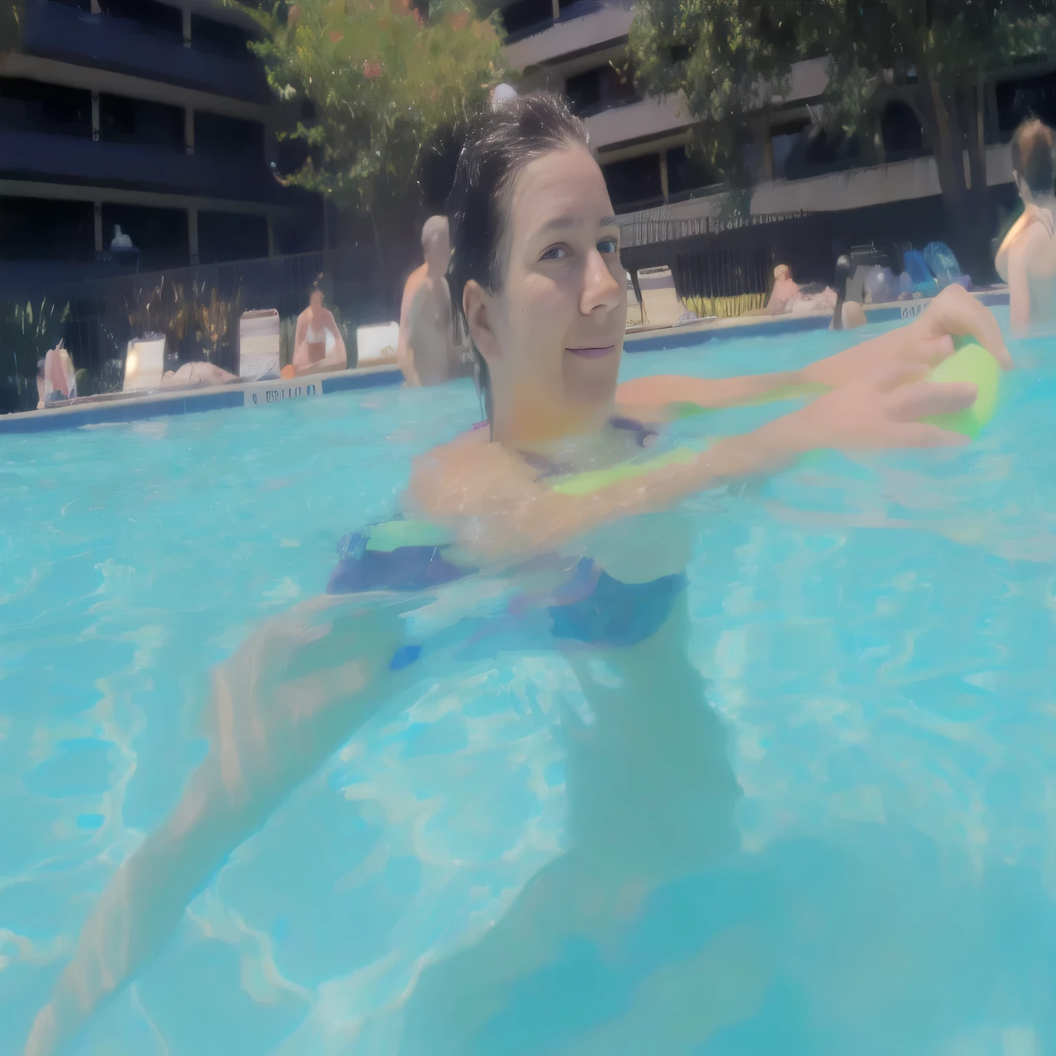 there is a woman in a blue bikini in a pool, in water! up to shoulders, sitting in the pool, in a swimming pool, in water up to her shoulders, shot on gopro9, in the water, not blurry, swimming, in water, floating in water, gopro footage, shot with a gopro, low camera angle at water level, blurry footage