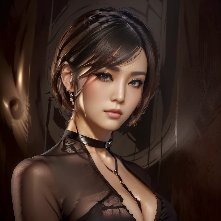 there is a woman with a choke on her neck posing for a picture, seductive looks, ada wong hairstyle, cleavage