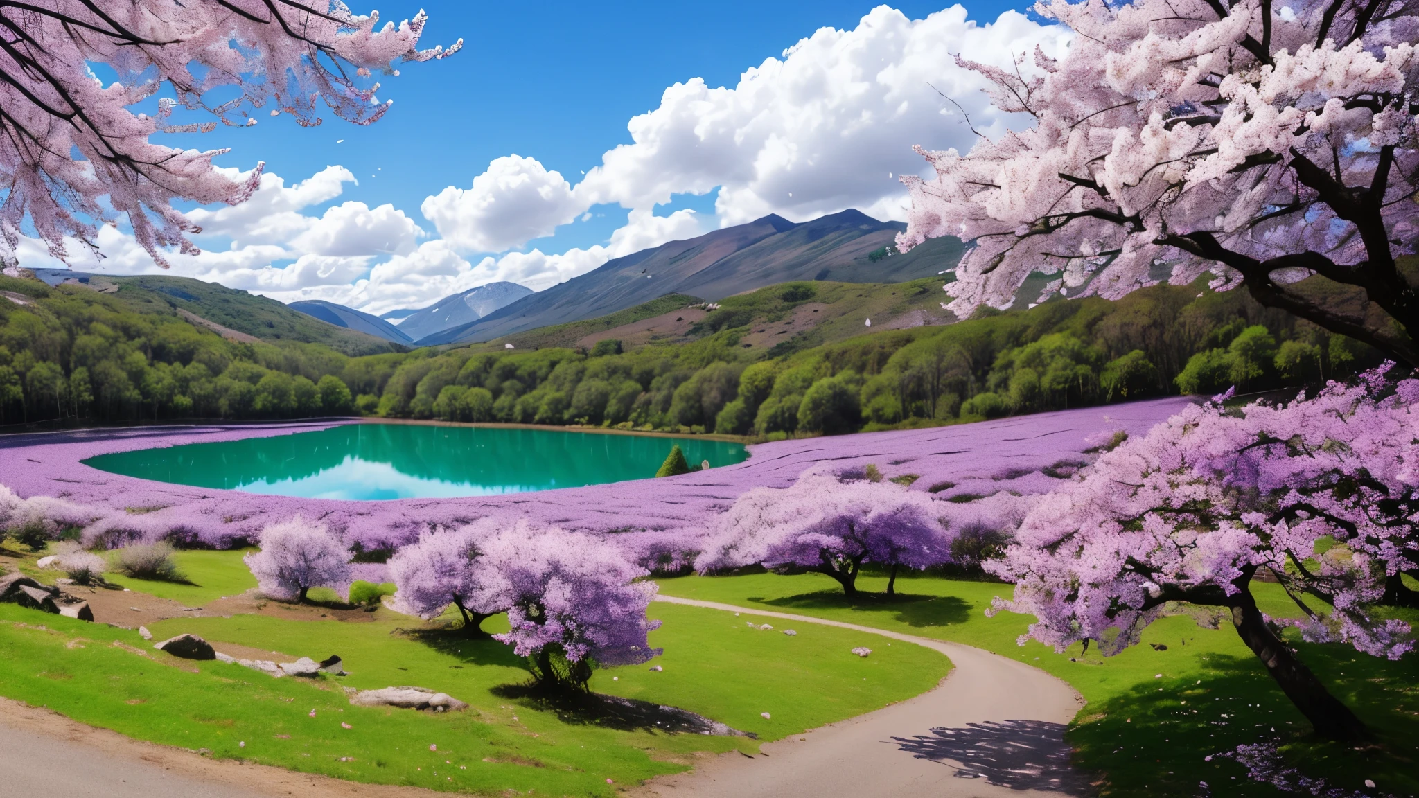 a beautiful landscape with flowers, cherry trees dropping petals in the wind, purple ipê, in a forest place, with lake, penguin swimming