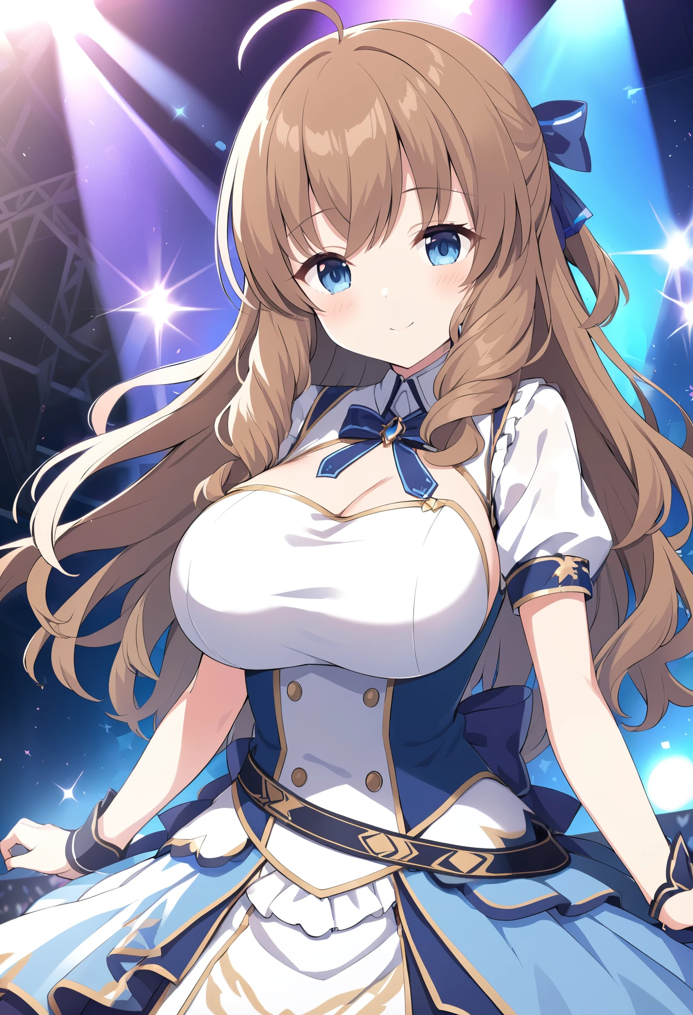 ArimuraShion, light brown hair, long hair, ahoge, hair bow, blue eyes, ,large breasts,, Live Stage, solo,