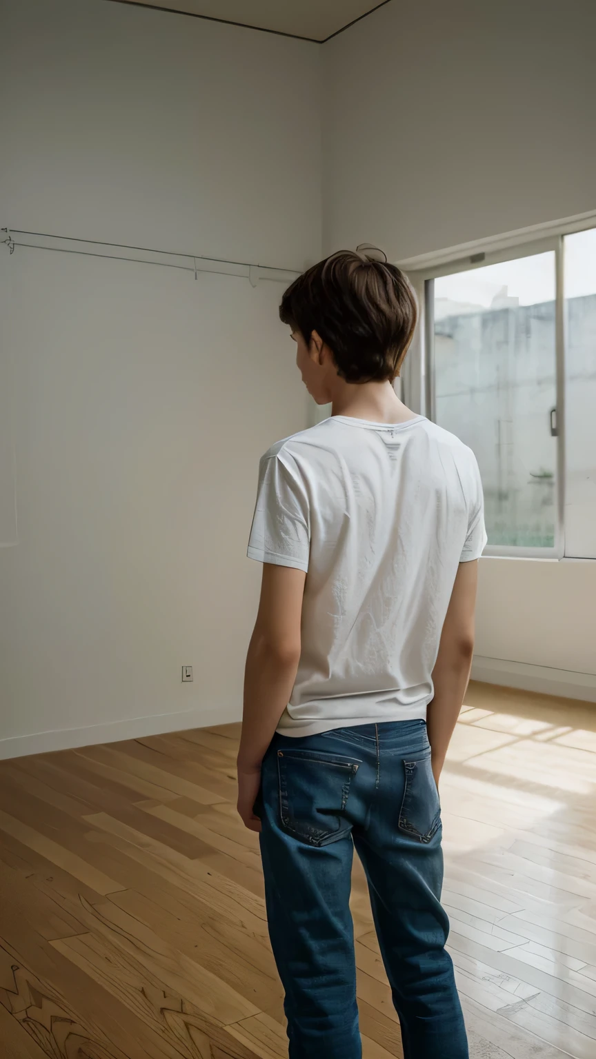 A slender 14-year-old boy stands in the middle of a large room, seen from the back. He wears simple clothing—a plain t-shirt and jeans. The room is expansive, with all four walls painted a stark white, creating a sense of openness and minimalism. The boy's small figure is contrasted against the vast, empty space around him. He stands still, looking towards the far end of the room, capturing a sense of curiosity and contemplation. The overall atmosphere is serene and quiet, with the simplicity of the setting highlighting the boy's presence.








