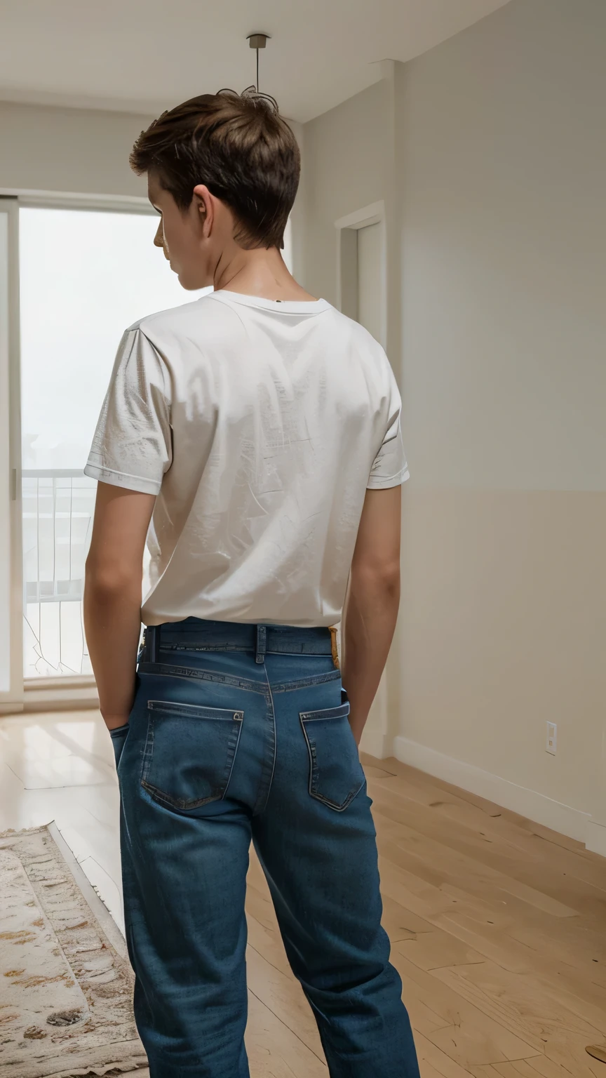 A slender 14-year-old boy stands in the middle of a large room, seen from the back. He wears simple clothing—a plain t-shirt and jeans. The room is expansive, with all four walls painted a stark white, creating a sense of openness and minimalism. The boy's small figure is contrasted against the vast, empty space around him. He stands still, looking towards the far end of the room, capturing a sense of curiosity and contemplation. The overall atmosphere is serene and quiet, with the simplicity of the setting highlighting the boy's presence.








