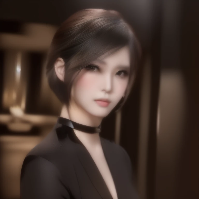 there is a woman with a choke on her neck posing for a picture, seductive looks, ada wong hairstyle