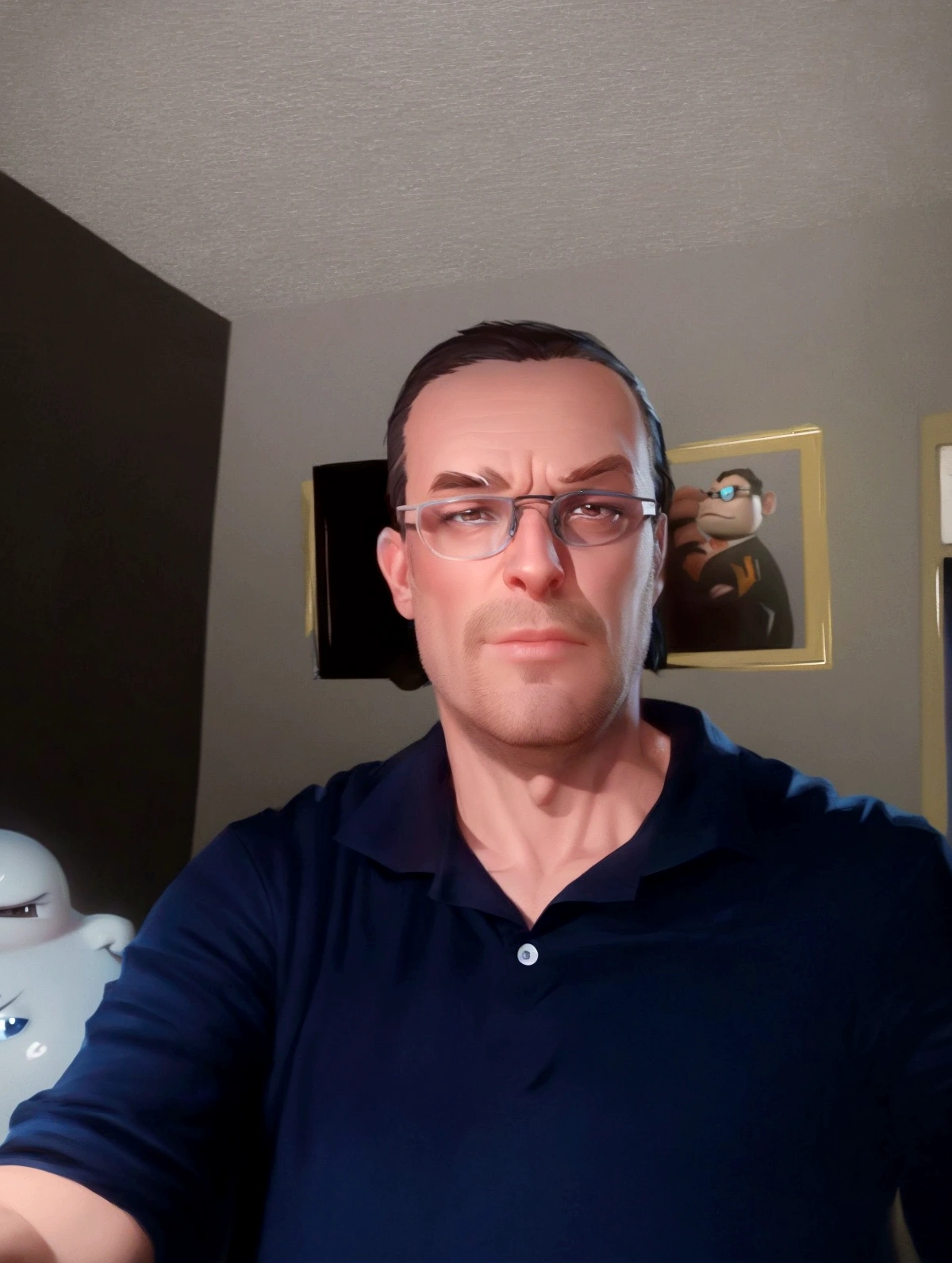 Cartoon character of a man in black glasses and blue shirt, an animated character, stylized character, animation style rendering, stylized 3d, Arnold Maya rendering, stylized 3d rendering, toon rendering screenshot, 3d character, 3d character, stylized 3d rendering, 3d character rendering, cartoon character, closeup character, Character Pose, (Pixar Style) (Master Part:1.2) (Bokeh) (Best Quality) (Character Skin) (Pixar Style)
