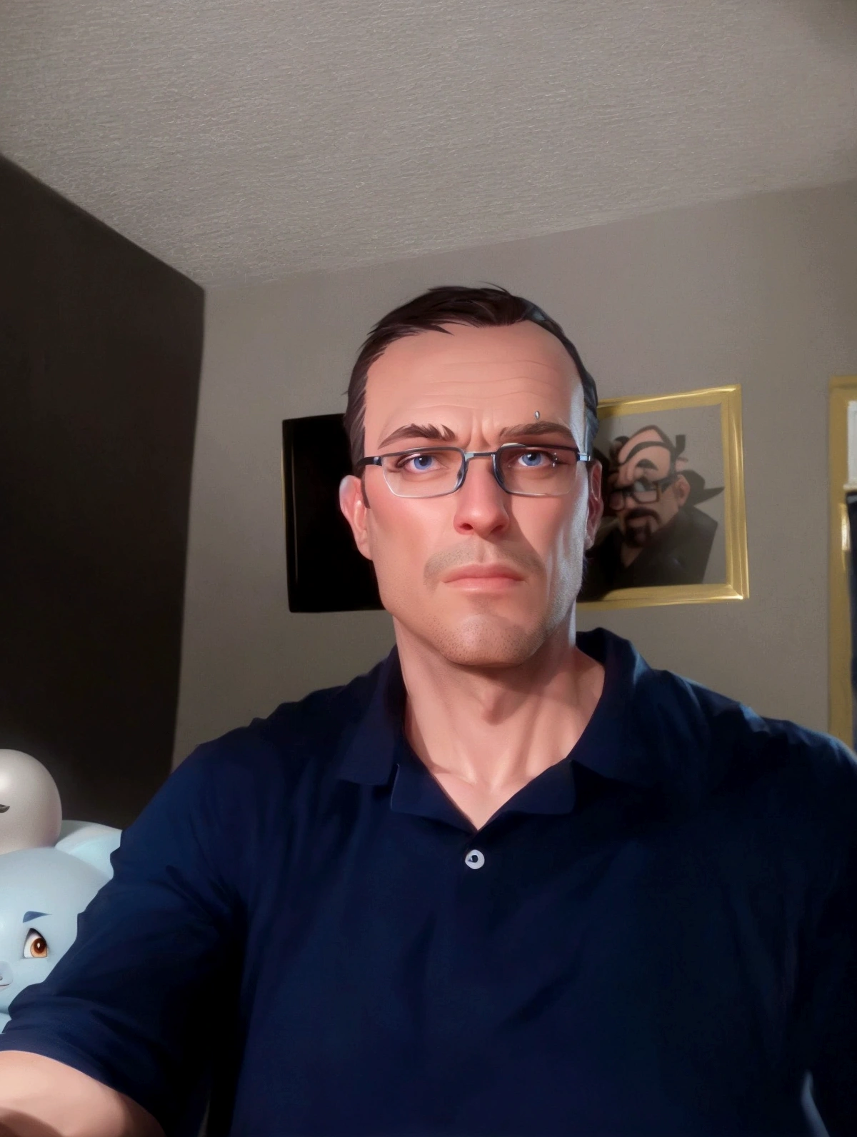 Cartoon character of a man in black glasses and blue shirt, an animated character, stylized character, animation style rendering, stylized 3d, Arnold Maya rendering, stylized 3d rendering, toon rendering screenshot, 3d character, 3d character, stylized 3d rendering, 3d character rendering, cartoon character, closeup character,  Character Pose, (Pixar Style) (Master Part:1.2) (Bokeh) (Best Quality) (Character Skin) (Pixar Style) 