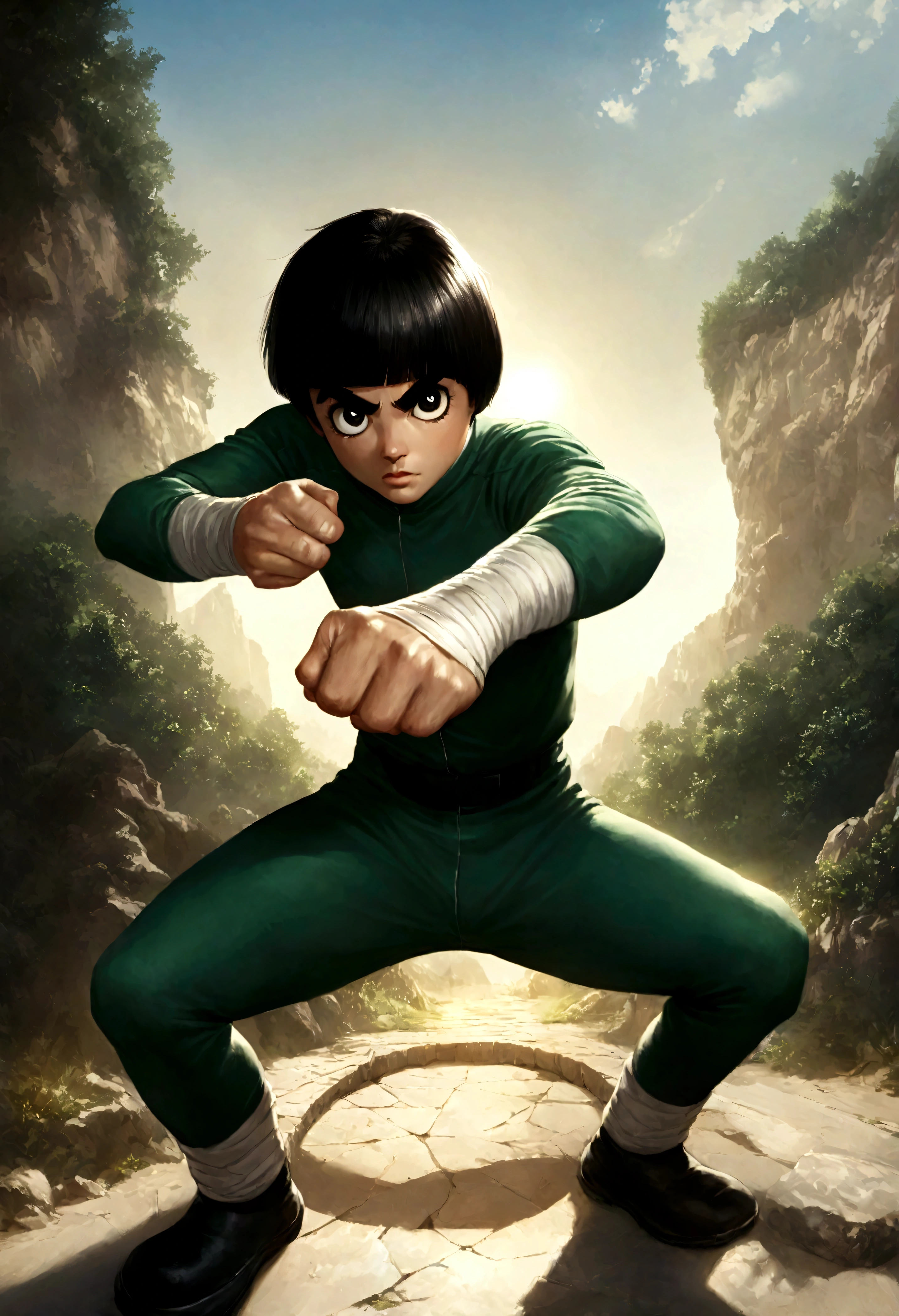 Hyper realistic art Rock Lee, unlocking 7th gate, 1boy skinny, fighter pose, outside in the sun and nature . Extremely high-resolution details, photographic, realism pushed to extreme, fine texture, incredibly lifelike