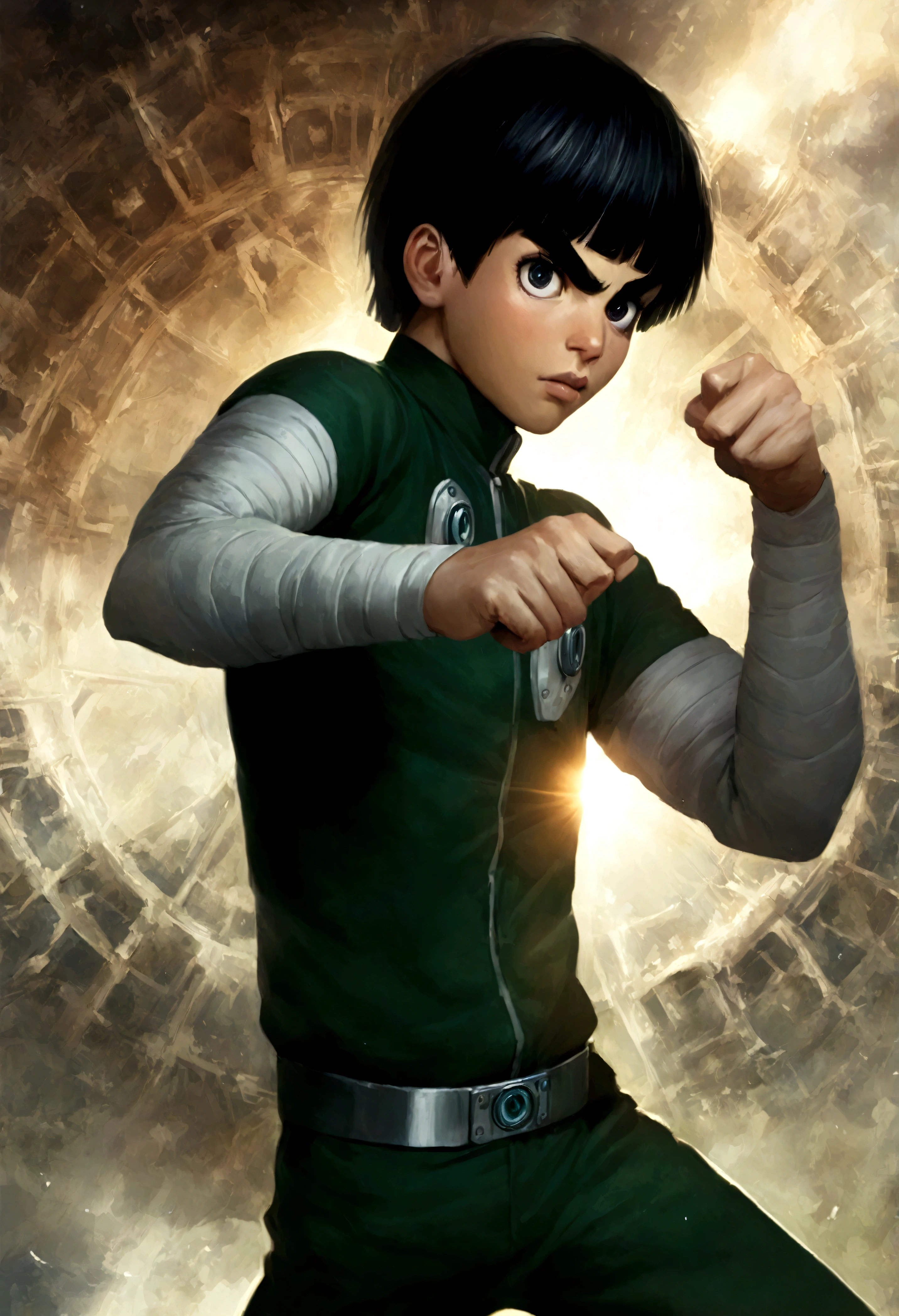 Hyper realistic art Rock Lee, unlocking 7th gate, 1boy skinny, fighter pose, outside in the sun and nature . Extremely high-resolution details, photographic, realism pushed to extreme, fine texture, incredibly lifelike