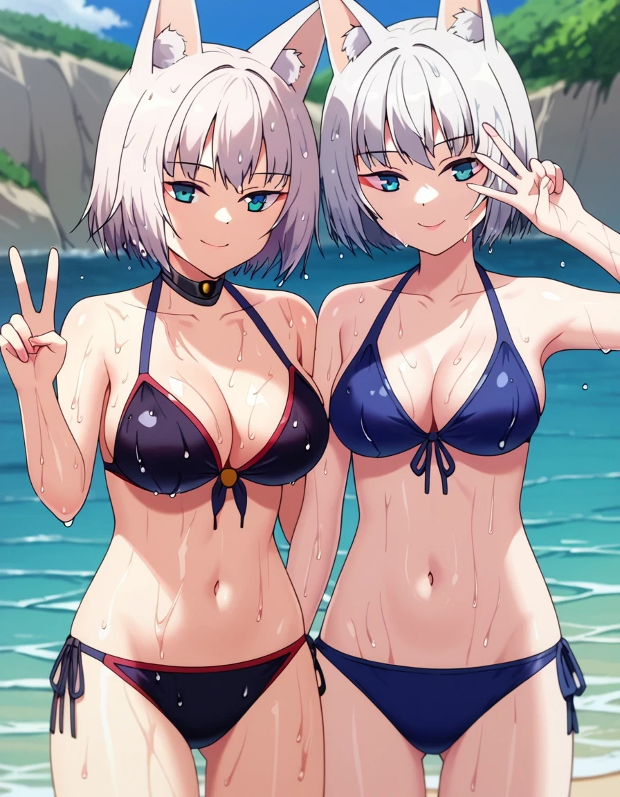 Kaga, smiling, closed mouth, bikini, v sign, cowboy shot, beach, sunny day, standing in water, wet body, wet hair, wet clothes