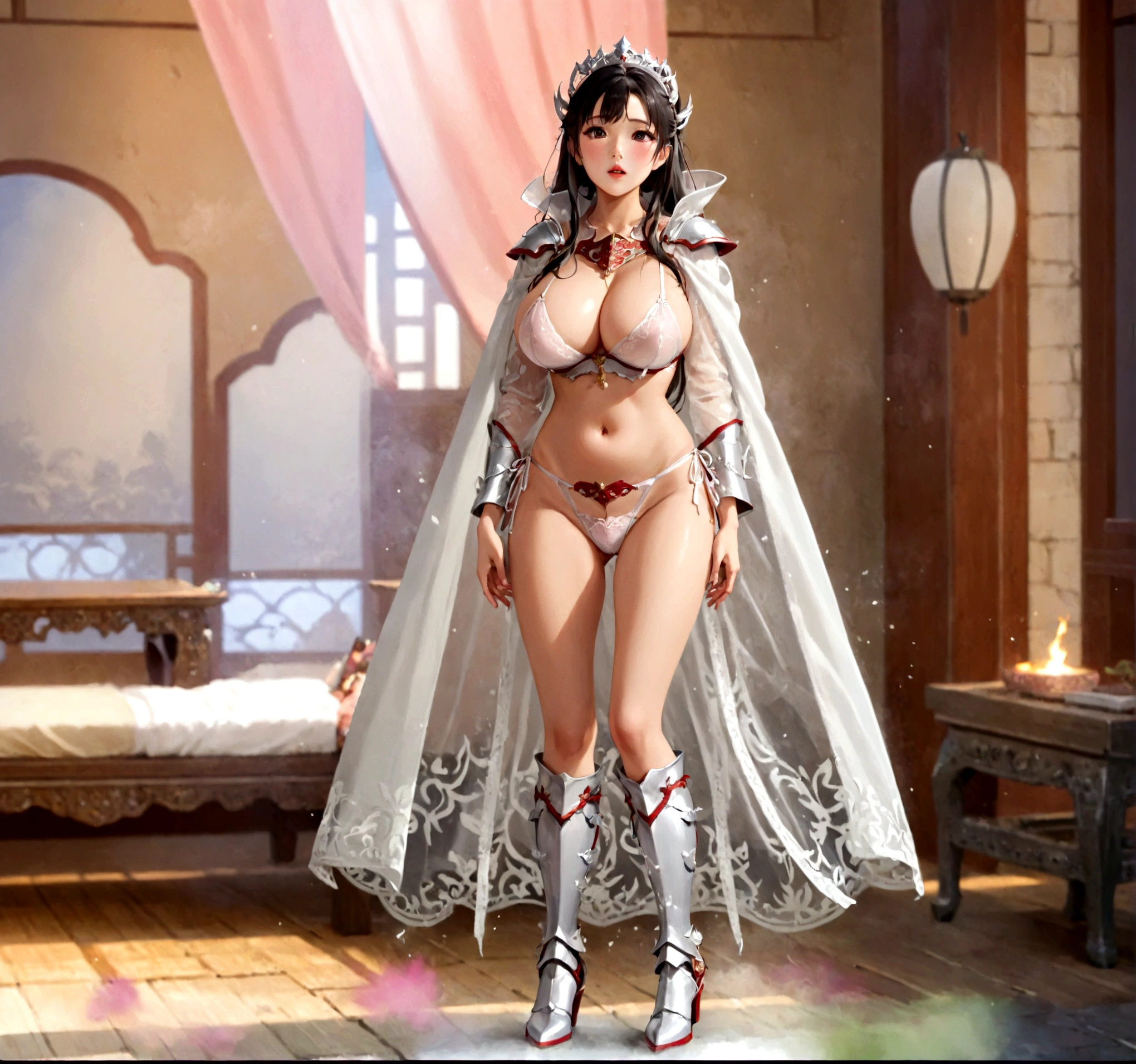 Woman wearing sexy lingerie and cape, full body xianxia, Beautiful fantasy queen, She exhibits sexual arousal and strong desire，sexual hunger，Transparent red and white underwear，see-through clothing，high cut underwear，Huge Breasts，Big  girl，Seductive naked girl, Hino Rei as a princess, guweiz masterpiece, Wear white boots，The whole body is rich in detail, Girl wearing Hanfu, Popular on cgstation
