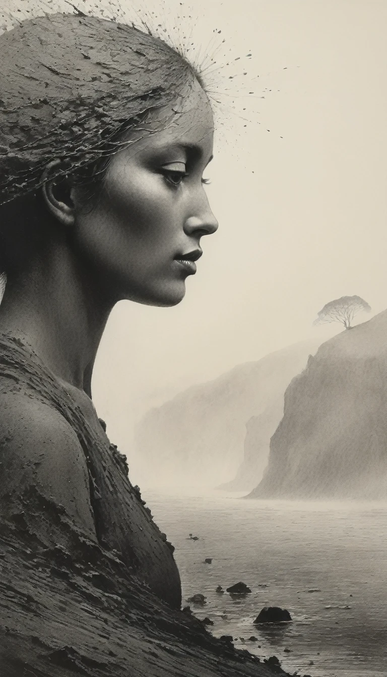 Close-Up, face, upbody, by Norman Ackroyd, best quality, masterpiece, very aesthetic, perfect composition, intricate details, ultra-detailed