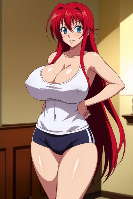 High resolution, Highschool Dxd, Rias Gremory, 1girl, ((bimbo))), long red hair, blue eyes, erotic smile face, sexy face, puffy lips, painted lips, thick lips, wide hips, thick thighs, thick hourglass figure, busty, enormous Natural breasts, shiny skin, oily skin, hot pants, white top, gym, revealing cleavage, sweat, tall, legs, breasts posing,