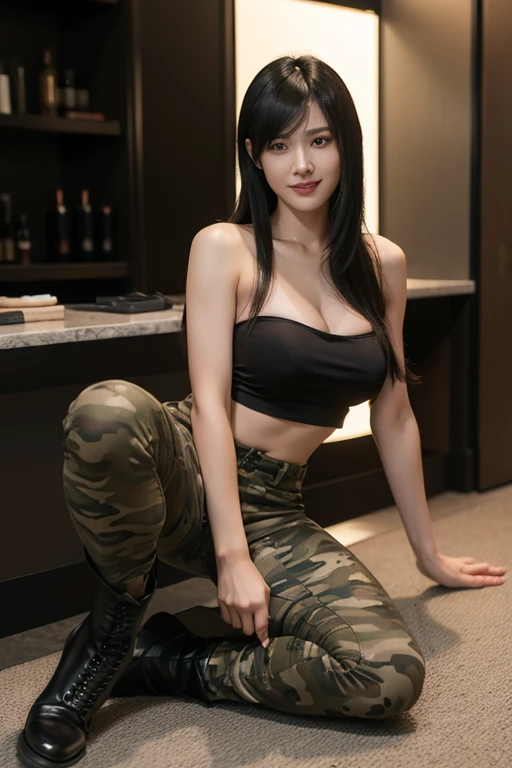 Ada Wong in Resident Evil remake woman, very long hair, black hair, straight hair, flat bangs hair, sexy woman, military, smiling, single woman, large breasts, tight camouflage strapless tube top, tight camouflage short legging pants, black boots, sexy pose hot, military barbershop place