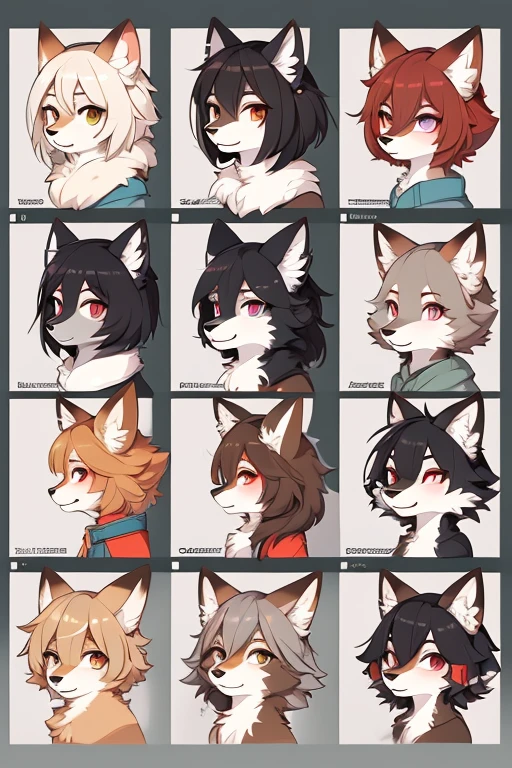 ( Absurdly , High quality , ultra detailed ) ,( hand detailed ) , (concept art, character sheet),absurdres(highly detailed beautiful face and eyes)perfect anatomy, multiple characters, multiple emotions, kids, 6+boys, 6+girls, multiple types of clothes, different fur colorings,  wolves, foxes, wolf-foxes, brown fur, gray fur, red fur, tan fur, black fur, white fur, children 
