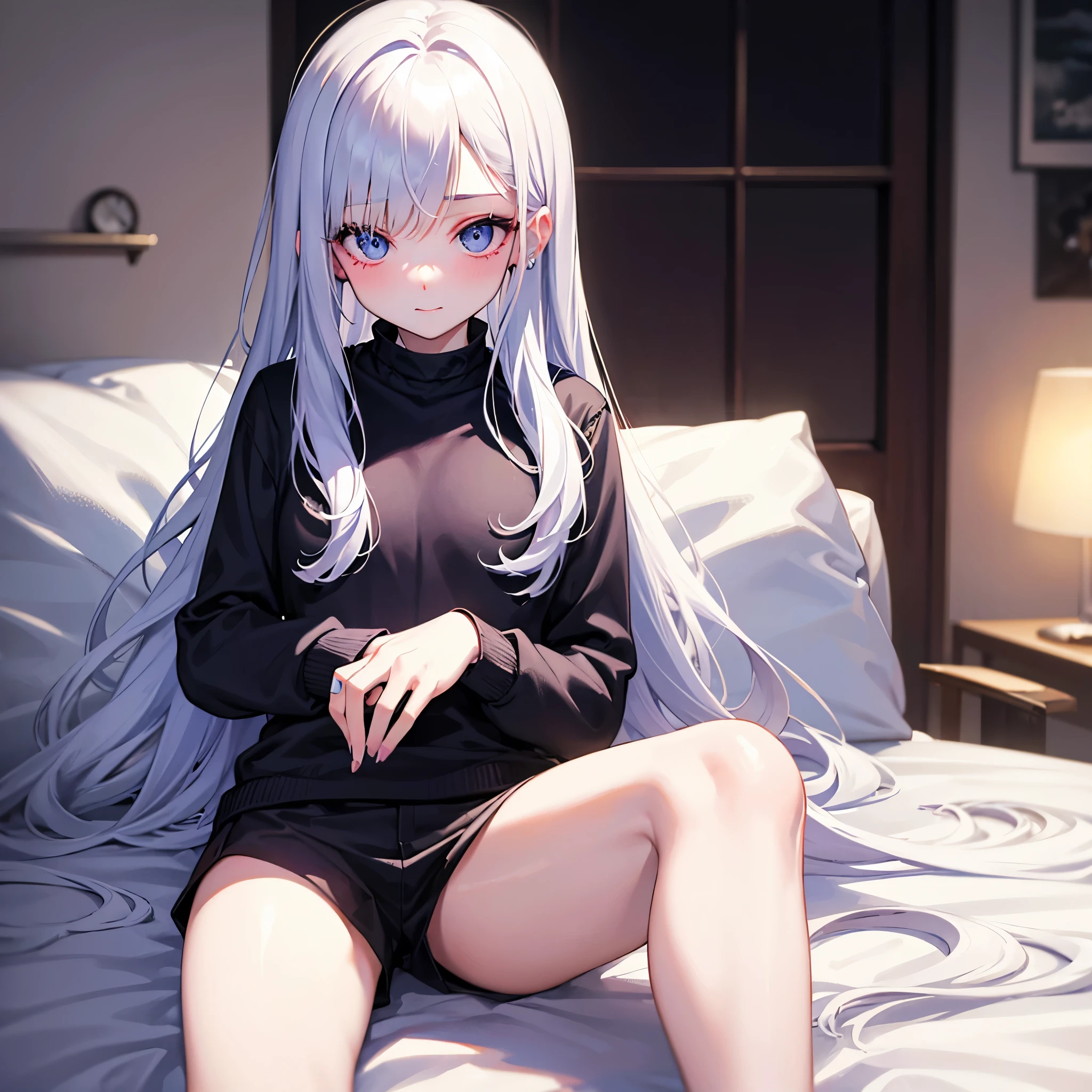 The singer Billie Eillish when she , she have long white hair and blue eyes and she is know for never smile, she wear an oversize sweat and a white short, She is alone in her room on her bed, she is young