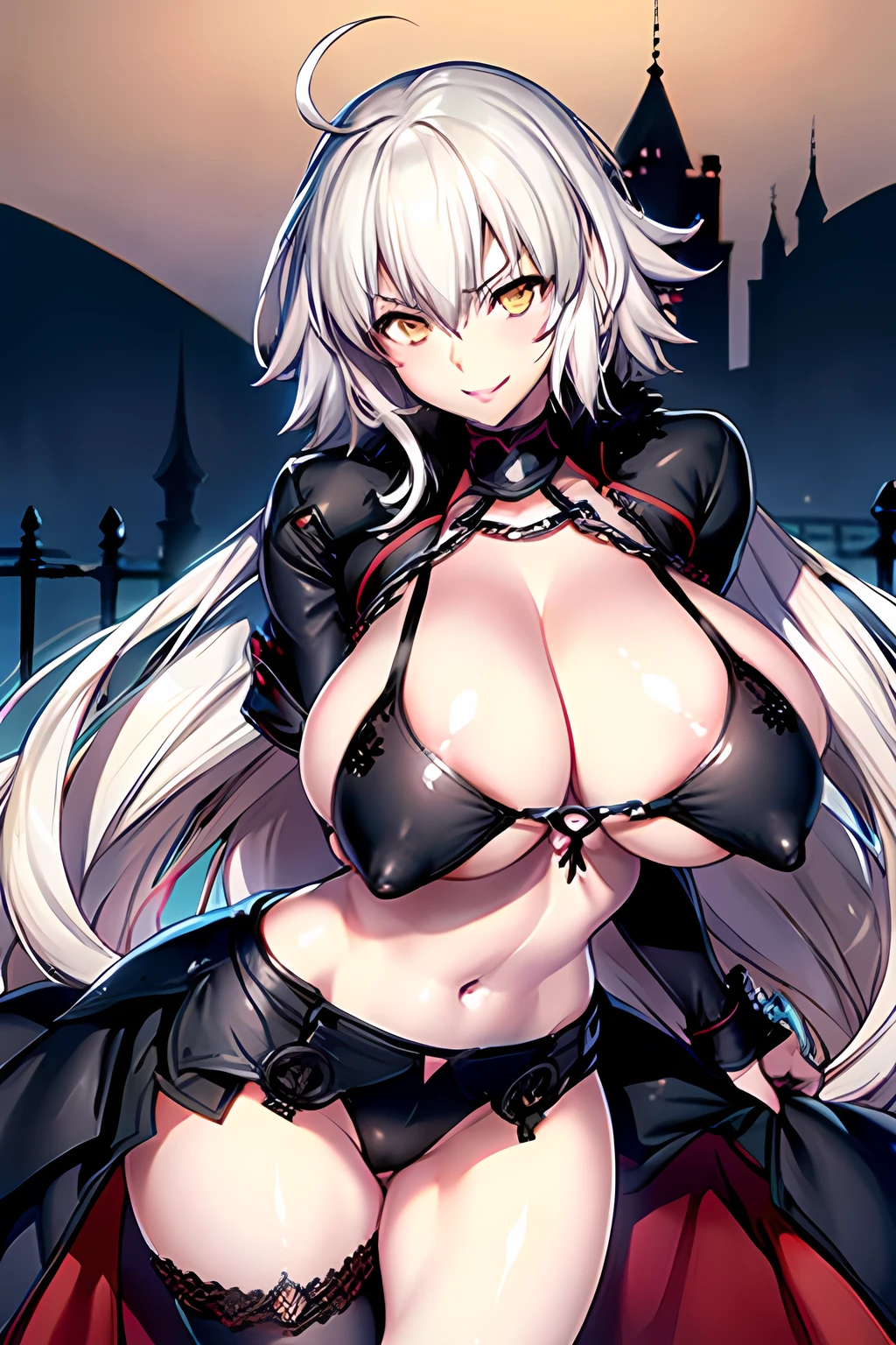 (high quality), no bra, thight stockings, mischievous smile, light blush, looking at viewer, big breasts, precise hands, sexy pose, jeanne d'arc alter, cleavage, navel, black microskirt, black thong, thight stockings, detailed castle in background, showing nipples