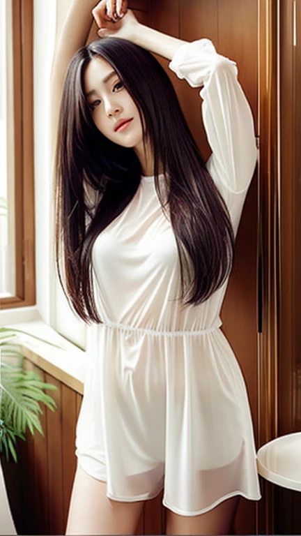 an Ultra hot woman with a long hair , indoor , half-opened transparent minimalist sexy short clothes
