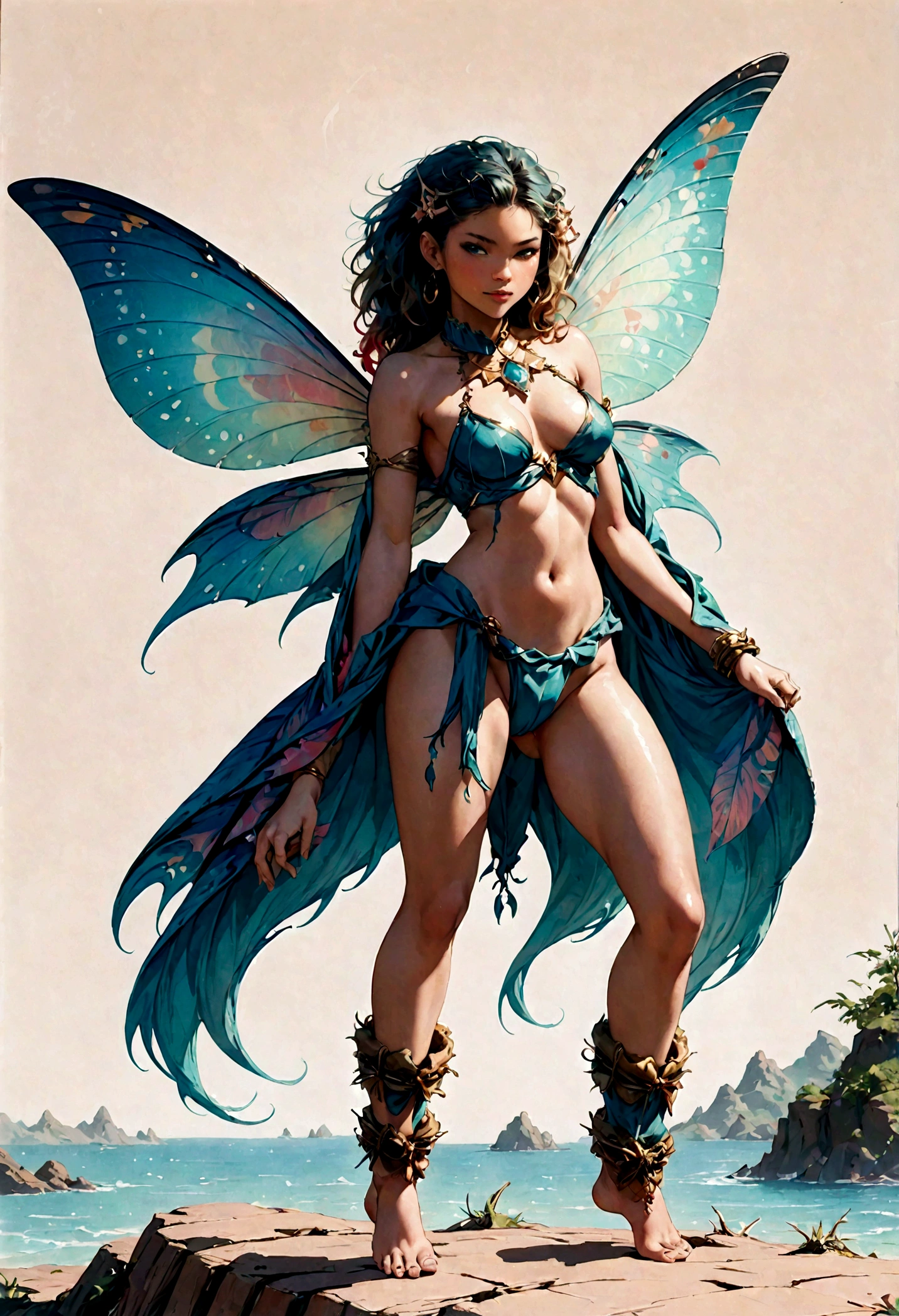 a naked female pixie based on Zendaya, Dungeons and Dragons 5th edition style illustration, cinematic, fantasy painting, highly detailed, black outlining, full color illustration, in the style of BORIS VALLEJO & JULIE BELL