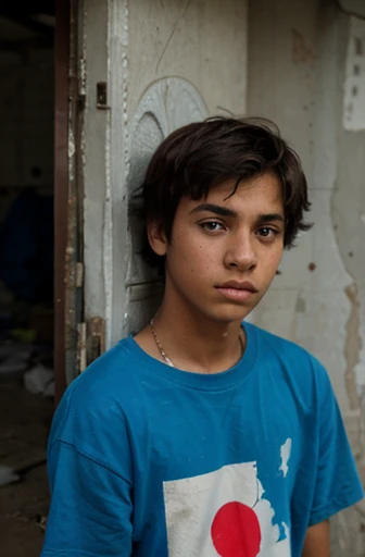 A concerned age boy in a poor place looking directly at the camera standing