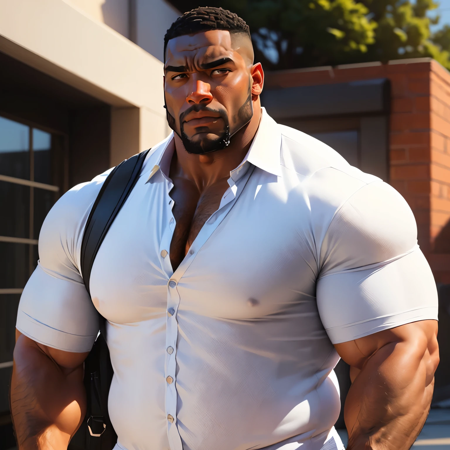 an exaggeratedly muscular and large bodyguard, beefy build, beard, dark-skinned african american male, buzzcut hair with square line, (worried expression: 1.2), (wearing white business casual shirt: 1.2), wearing backpack, (bara pecs: 1.3), beefy pecs, (arm and chest hair: 1.2), portrait HD, (outdoor university campus)