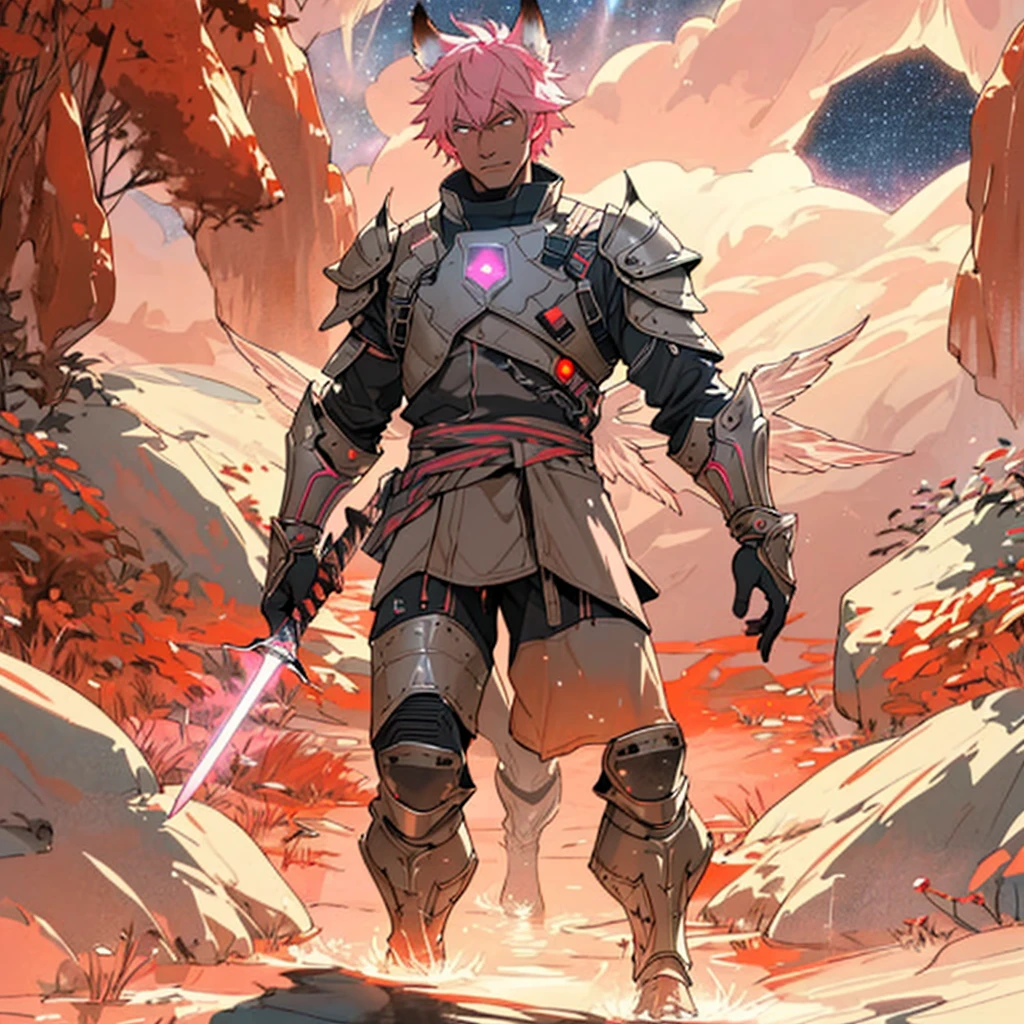 warrior with long wings, old men with wolf ears, (ultra-detailed), (perfect lighting), (dynamic angle), floating while landing, futuristic retro armor, long sword, fire pink neon glowing outline, starry sky, colorful clouds