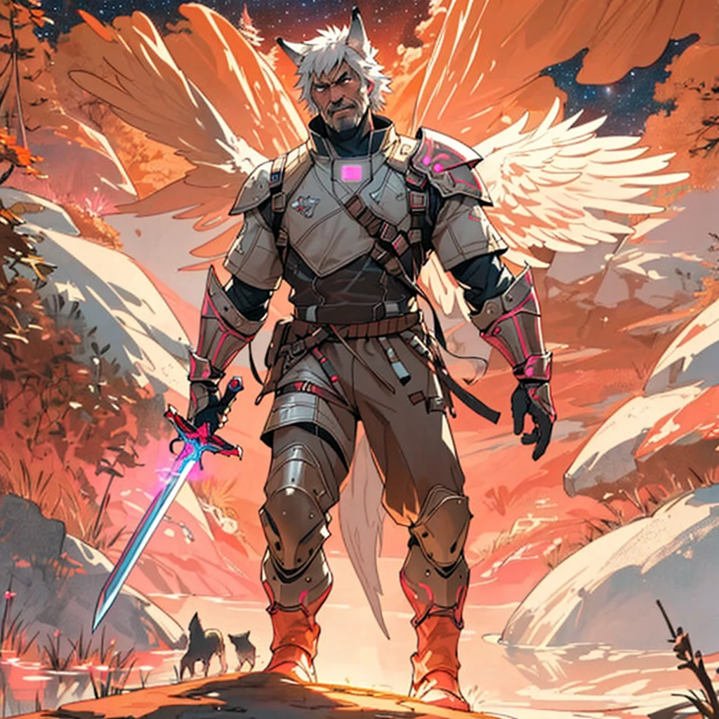 warrior with long wings, old men with wolf ears, (ultra-detailed), (perfect lighting), (dynamic angle), floating while landing, futuristic retro armor, long sword, fire pink neon glowing outline, starry sky, colorful clouds